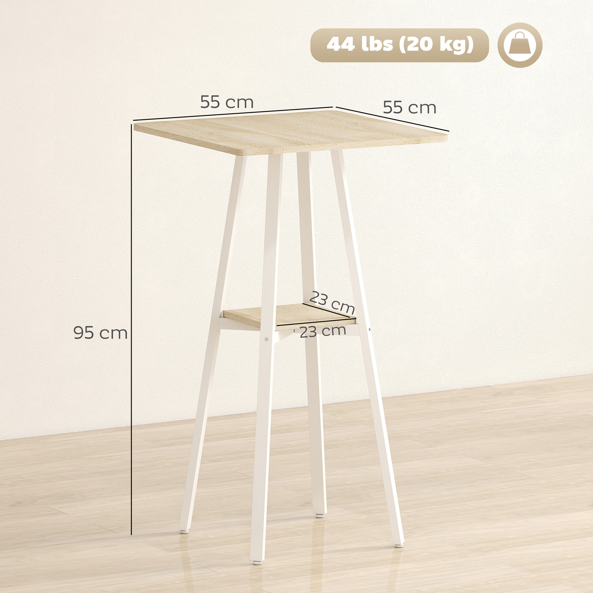 Mesa alta y estrecha con tablero de madera, estructura blanca y estante.