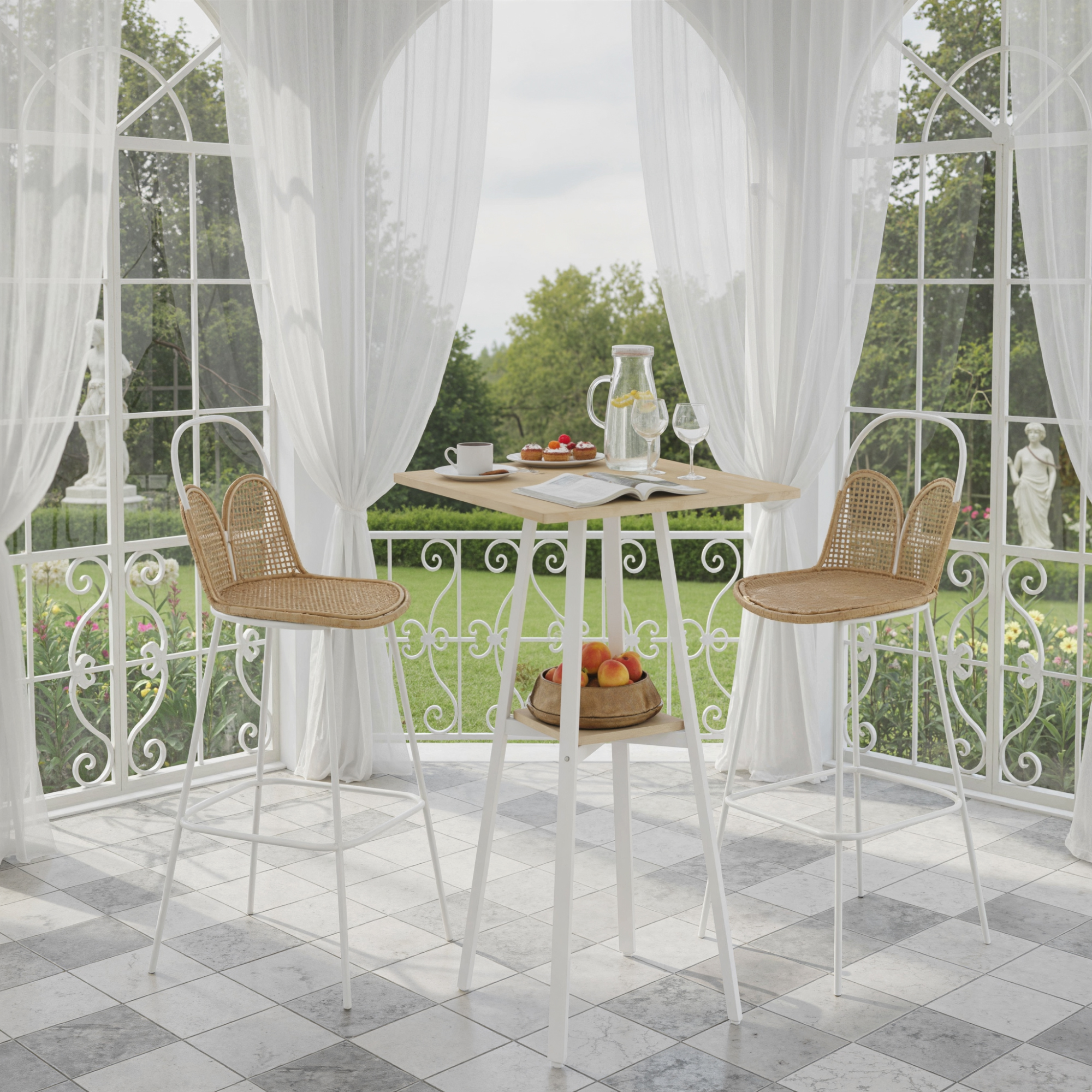 Una sala luminosa con mesa y dos taburetes, con vistas a un jardín.
