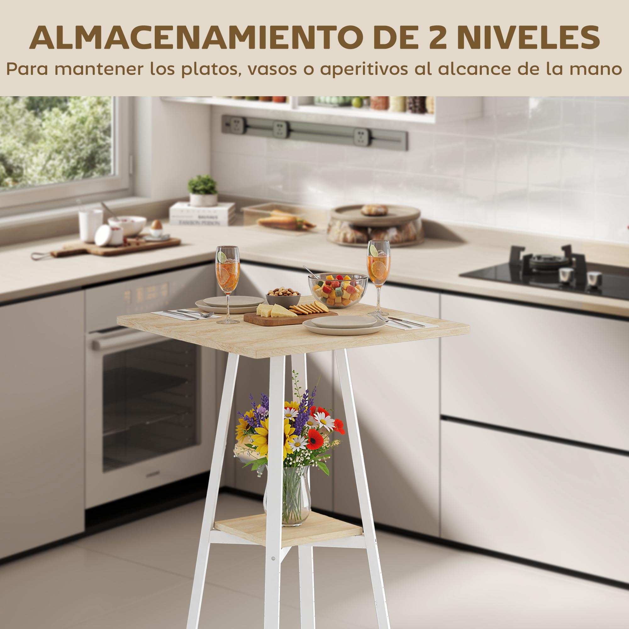 Un soporte de dos niveles con ramo de flores y bebidas en una cocina.