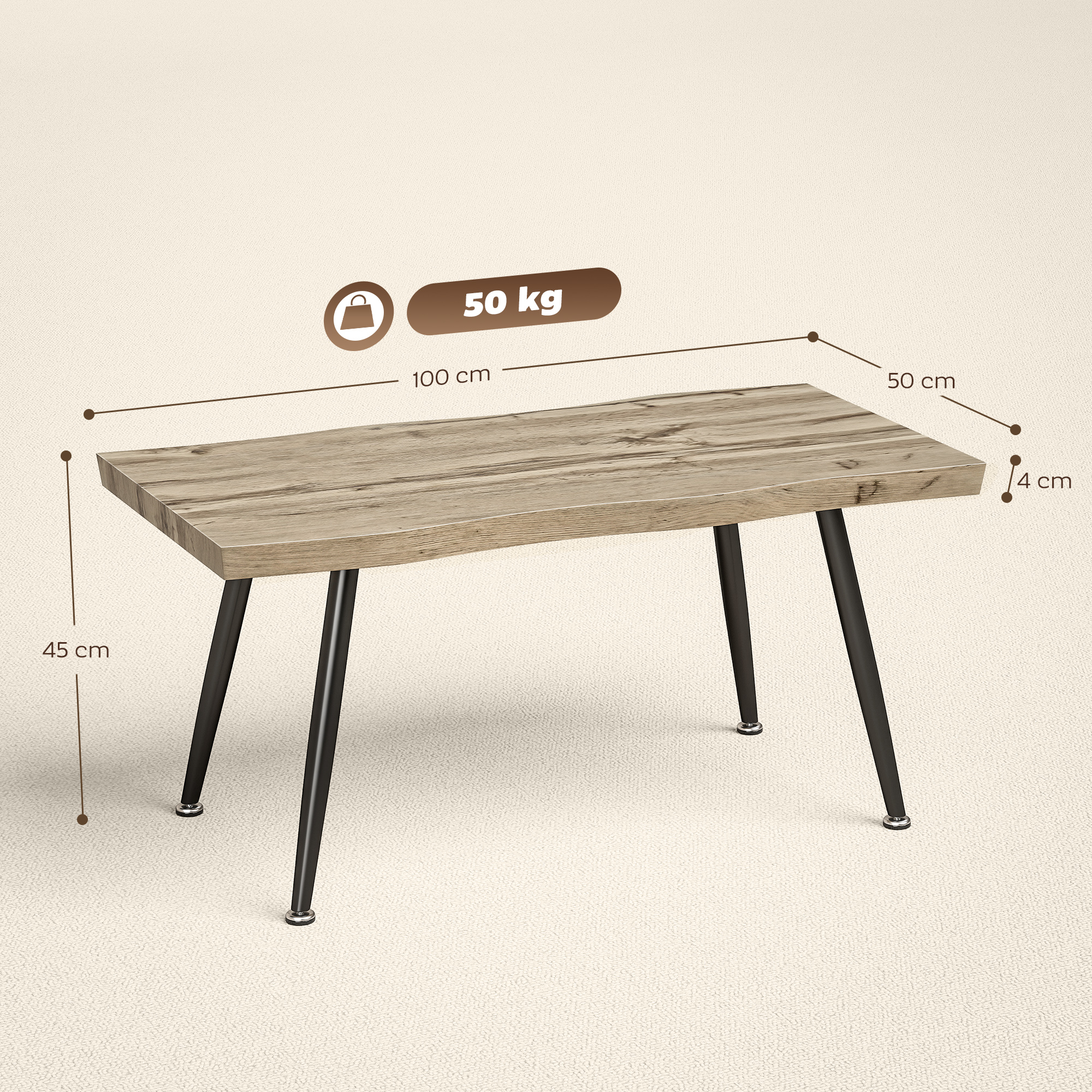 Tavolo venature legno, 100x50x45 cm, capacità 50 kg, gambe nere.
