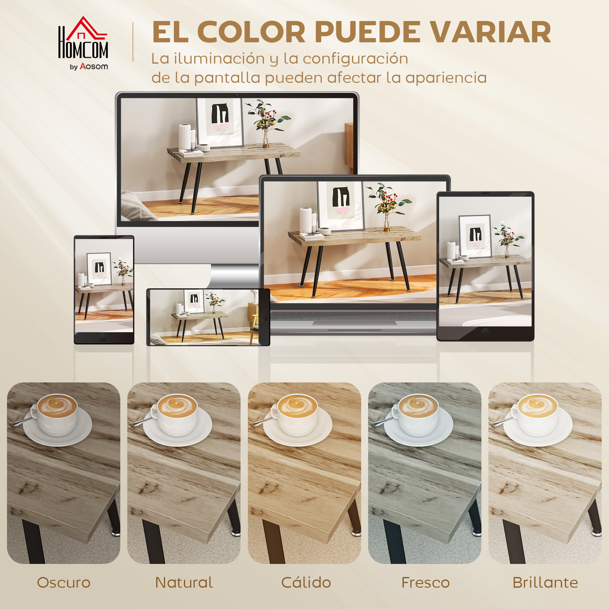 Varias pantallas muestran una mesa con decoración. Debajo hay 5 variaciones de color de café.