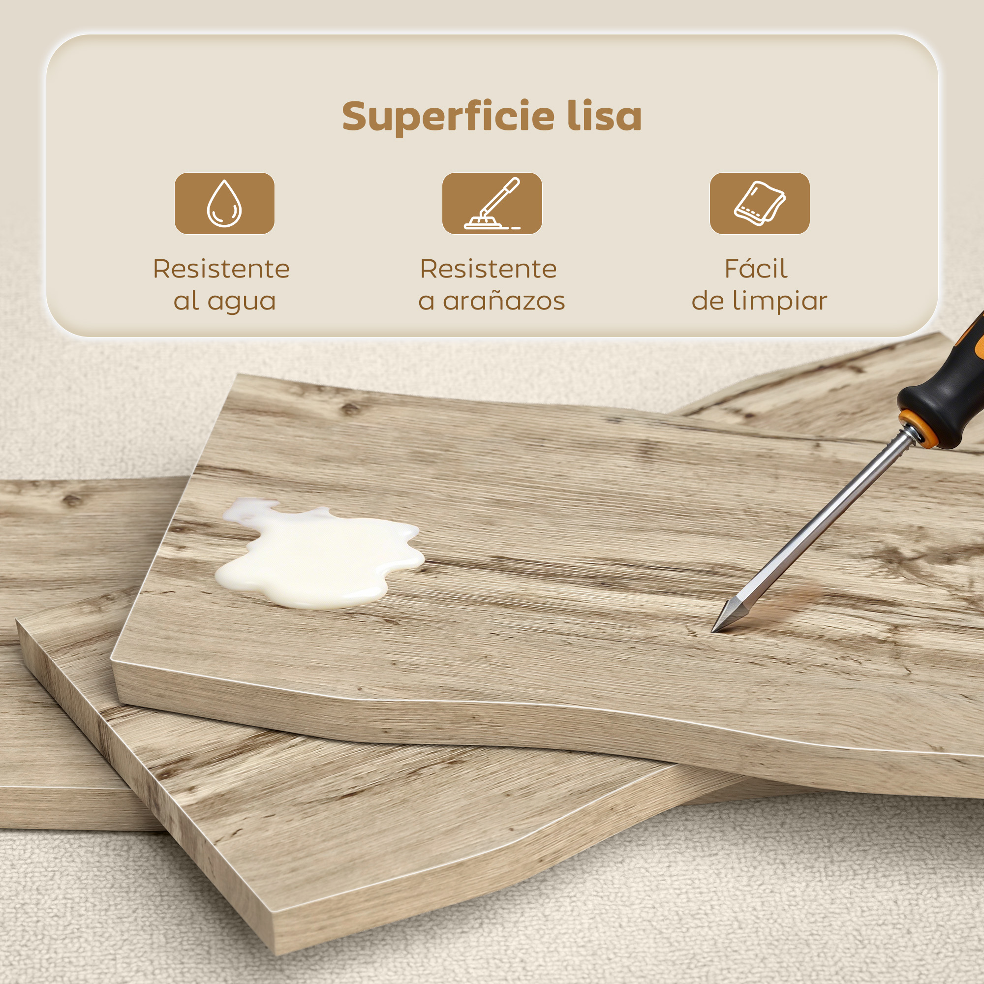Superficie de madera con salpicadura de agua, destornillador e iconos de resistencia.