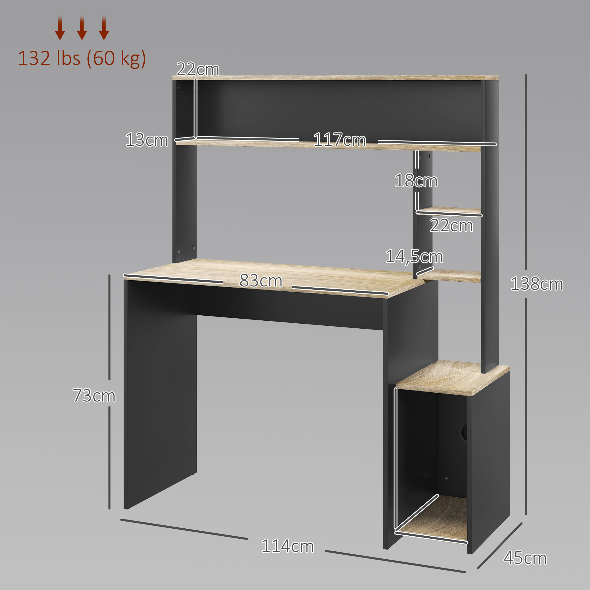 Escritorio negro con estantes de madera. Las dimensiones se indican en cm.
