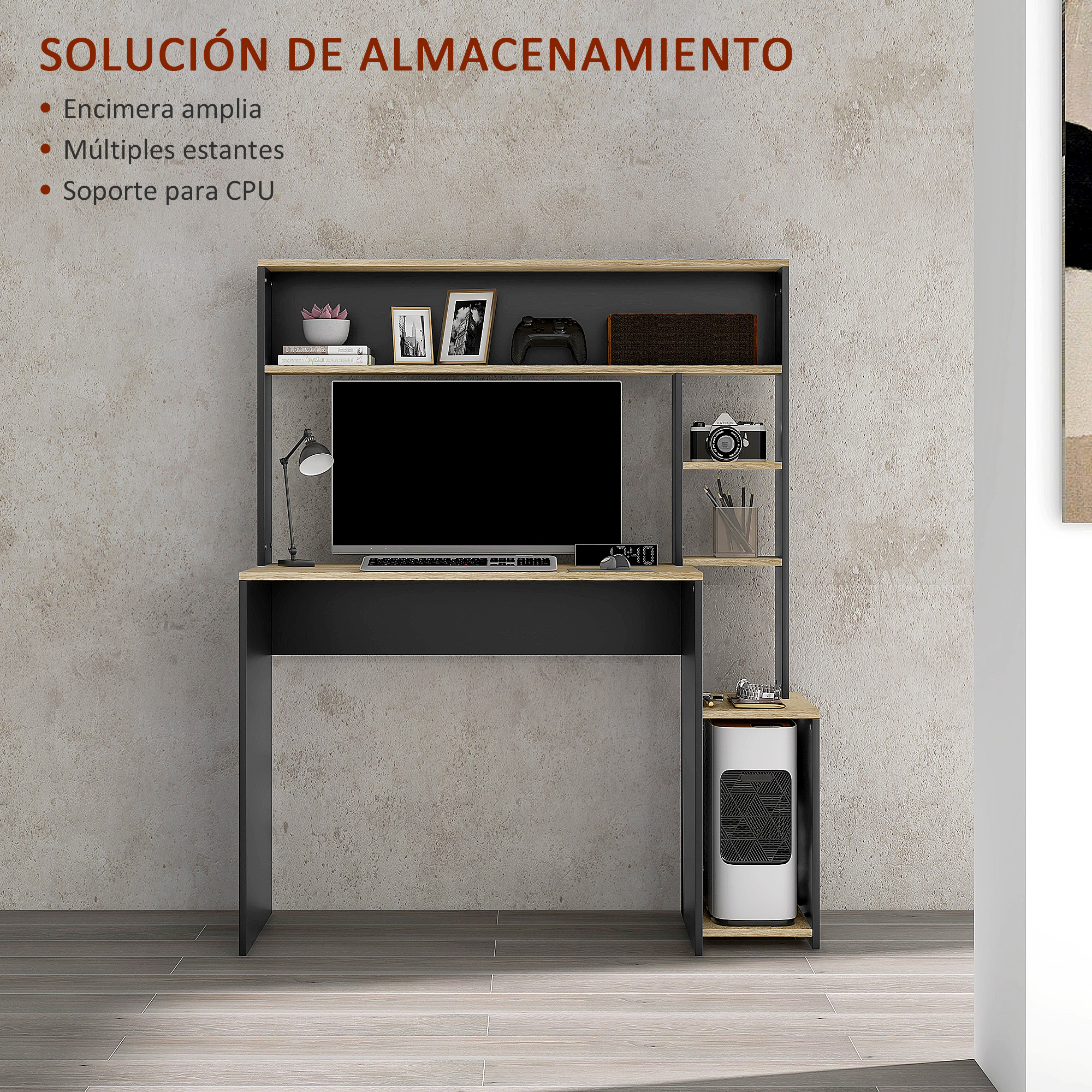 Un escritorio moderno con monitor, teclado, lámpara y espacio de almacenamiento.