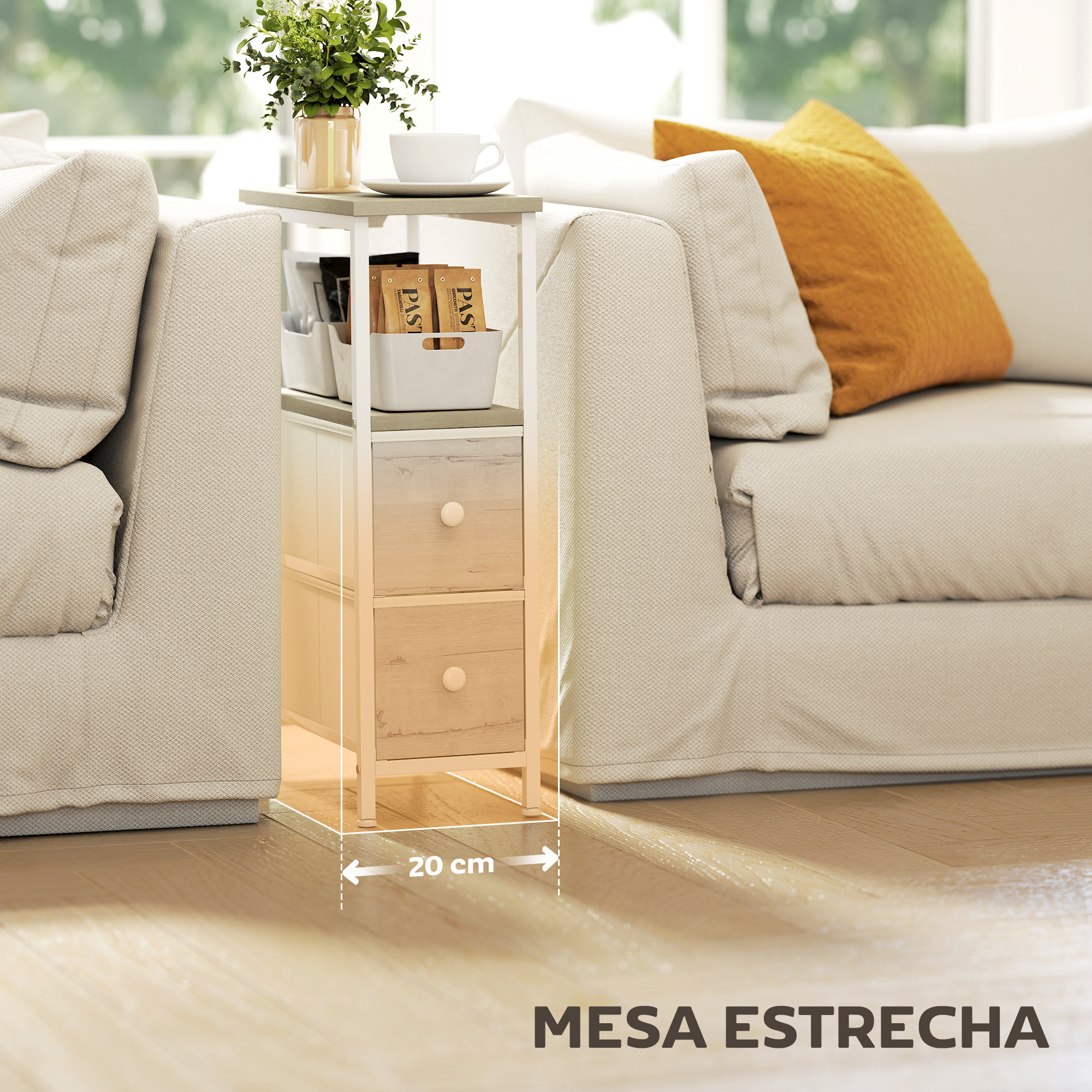 Mesa auxiliar estrecha junto a sofá con cojines, planta, taza y cajones.
