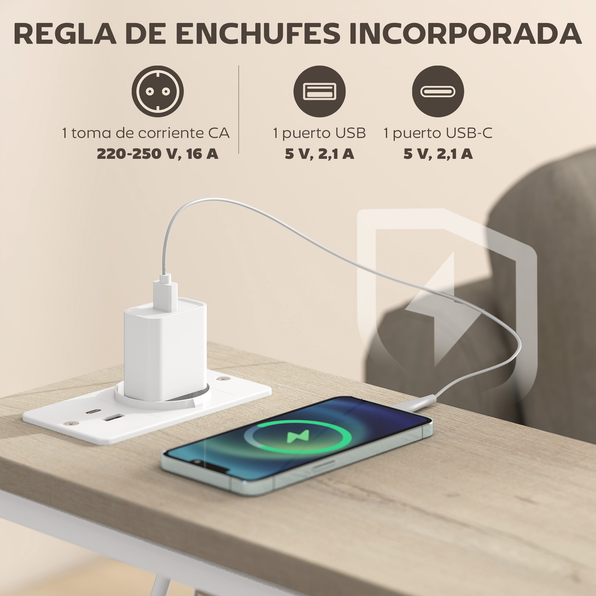 Regleta integrada con toma AC, puertos USB y USB-C.