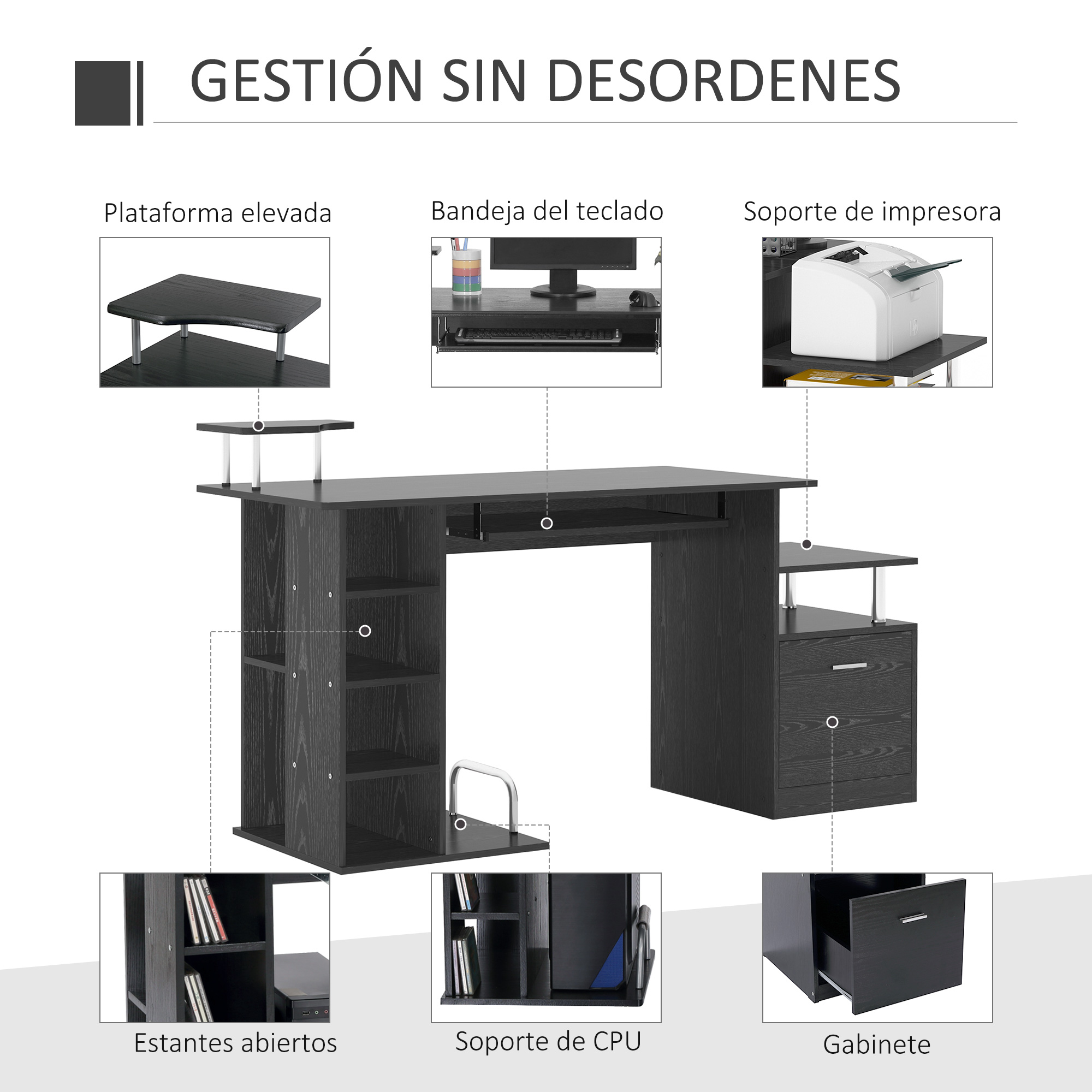 Escritorio negro con bandeja para teclado, plataforma elevada y soporte para impresora.
