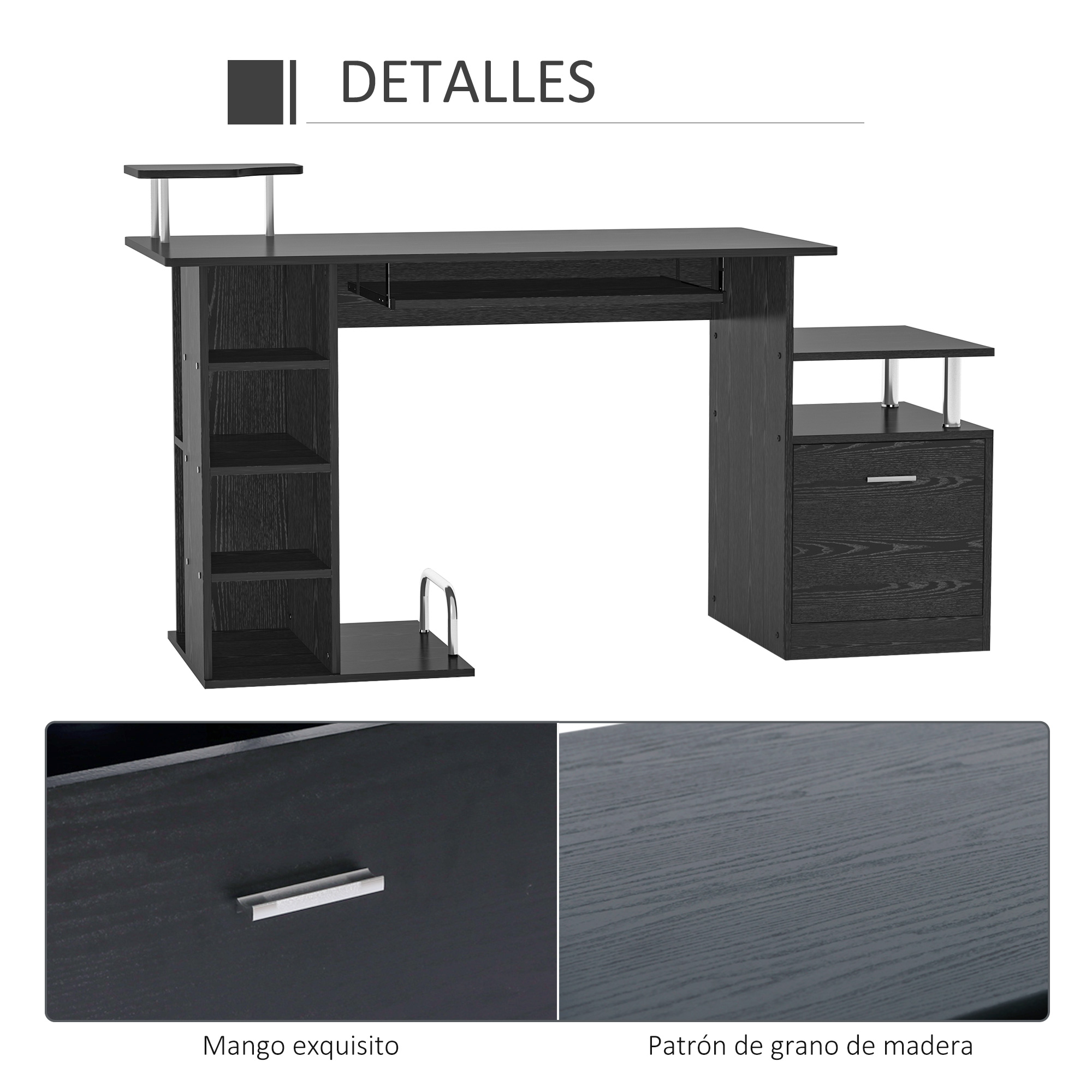 Escritorio de computadora negro con cajón, estantes y bandeja de teclado.