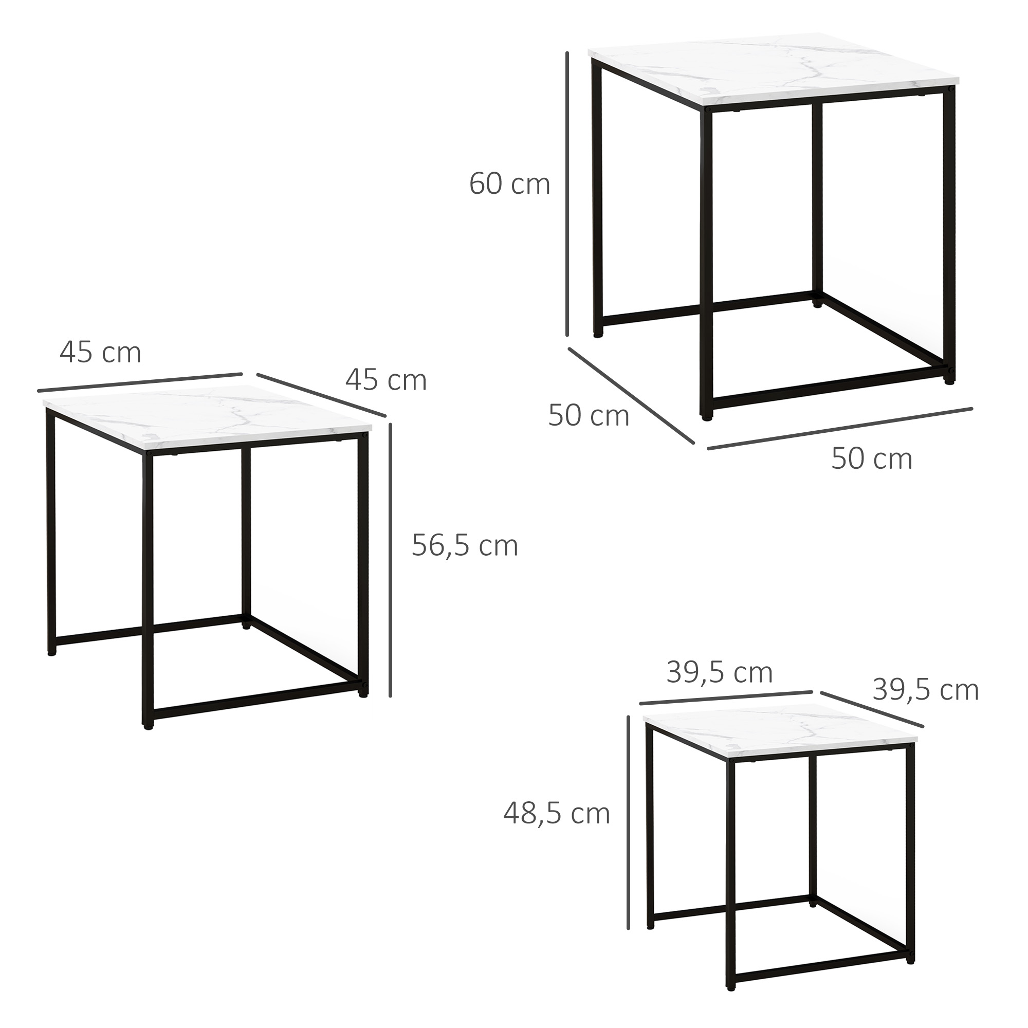 Tres mesitas de mármol blanco con patas de metal negro y dimensiones.