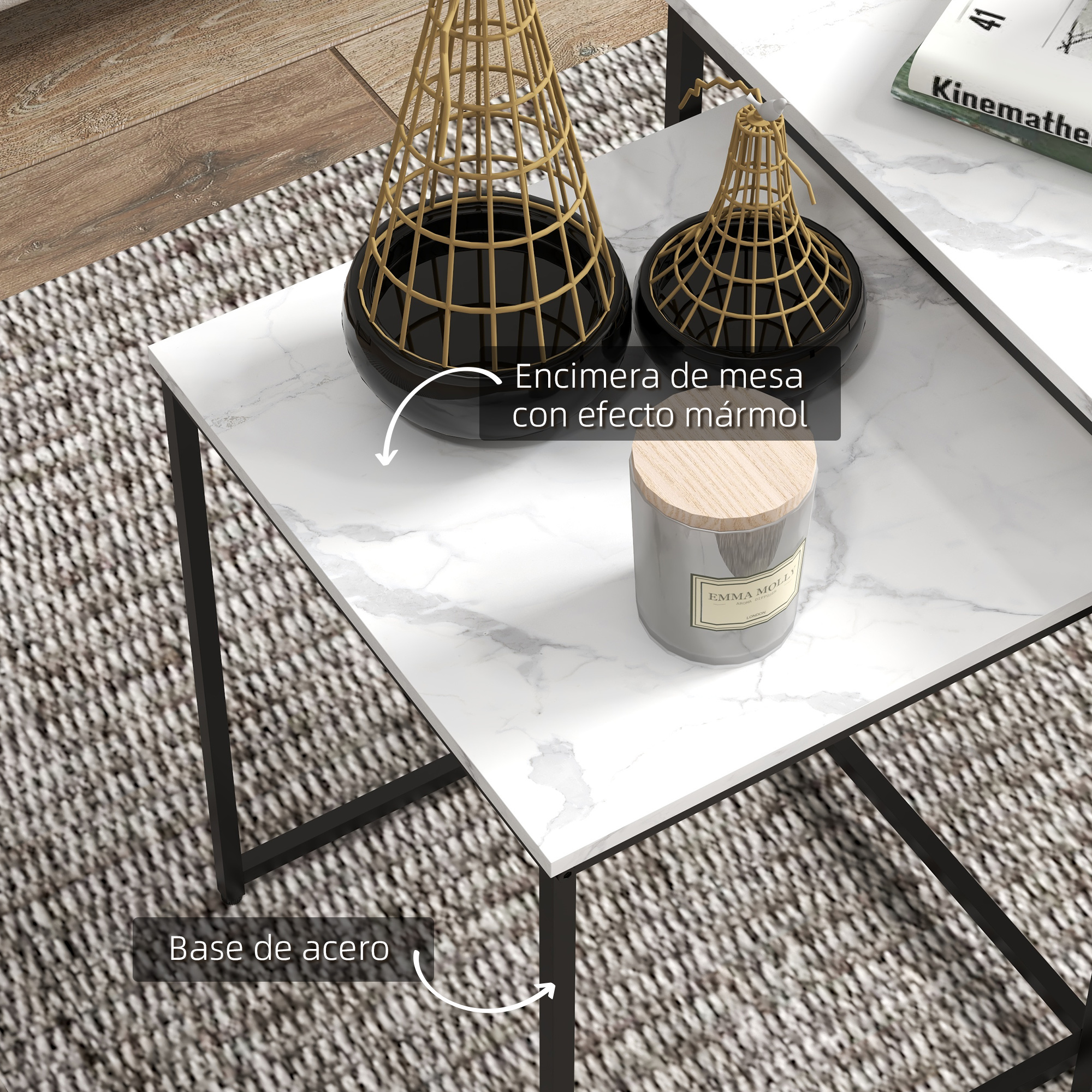 Encimera efecto mármol con base de acero negro y decoración.