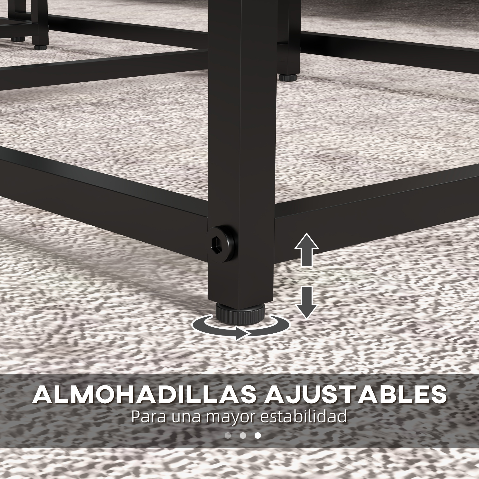 Pata de mueble negra con base ajustable sobre alfombra.