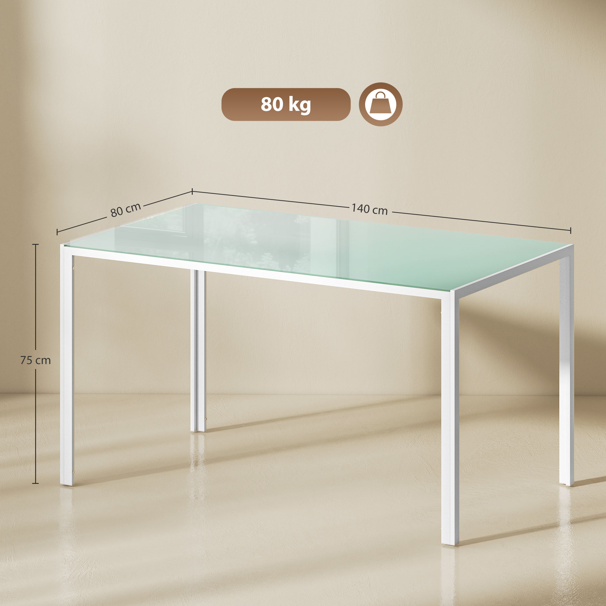 Una mesa rectangular con estructura de metal blanco y tapa de cristal verde claro.