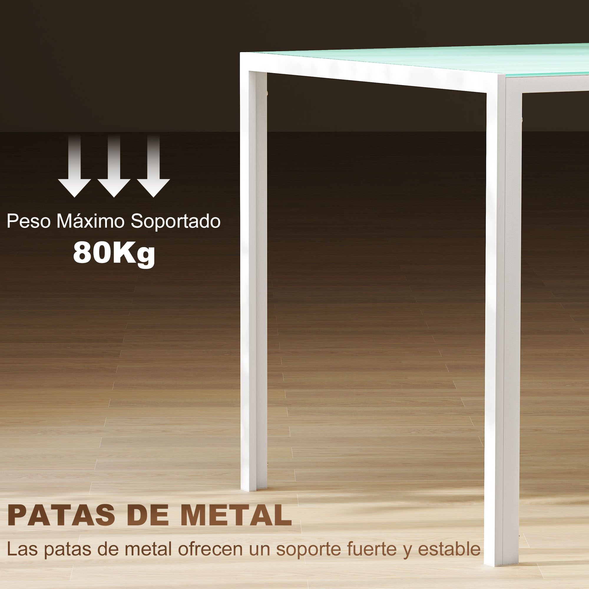 Patas metálicas blancas con tapa de cristal azul. Soporta 80 kg.