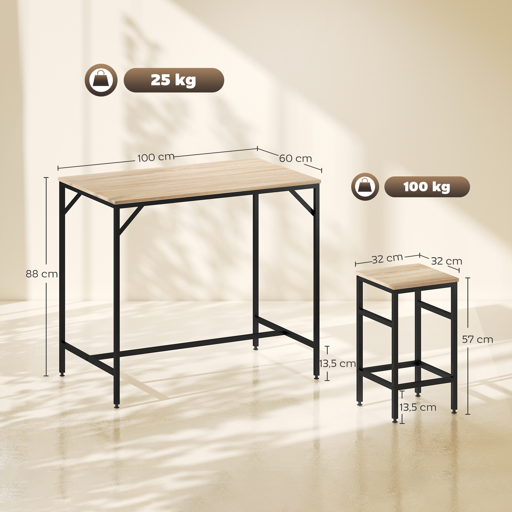 Una mesa de madera clara (100x60x88cm) y taburete (32x32x57cm) con patas de metal negro.