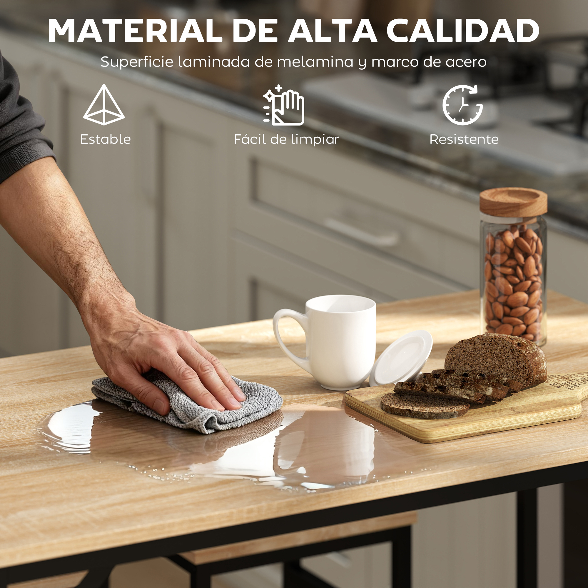Mesa de madera con taza, pan y frasco de almendras. Un paño limpia agua.