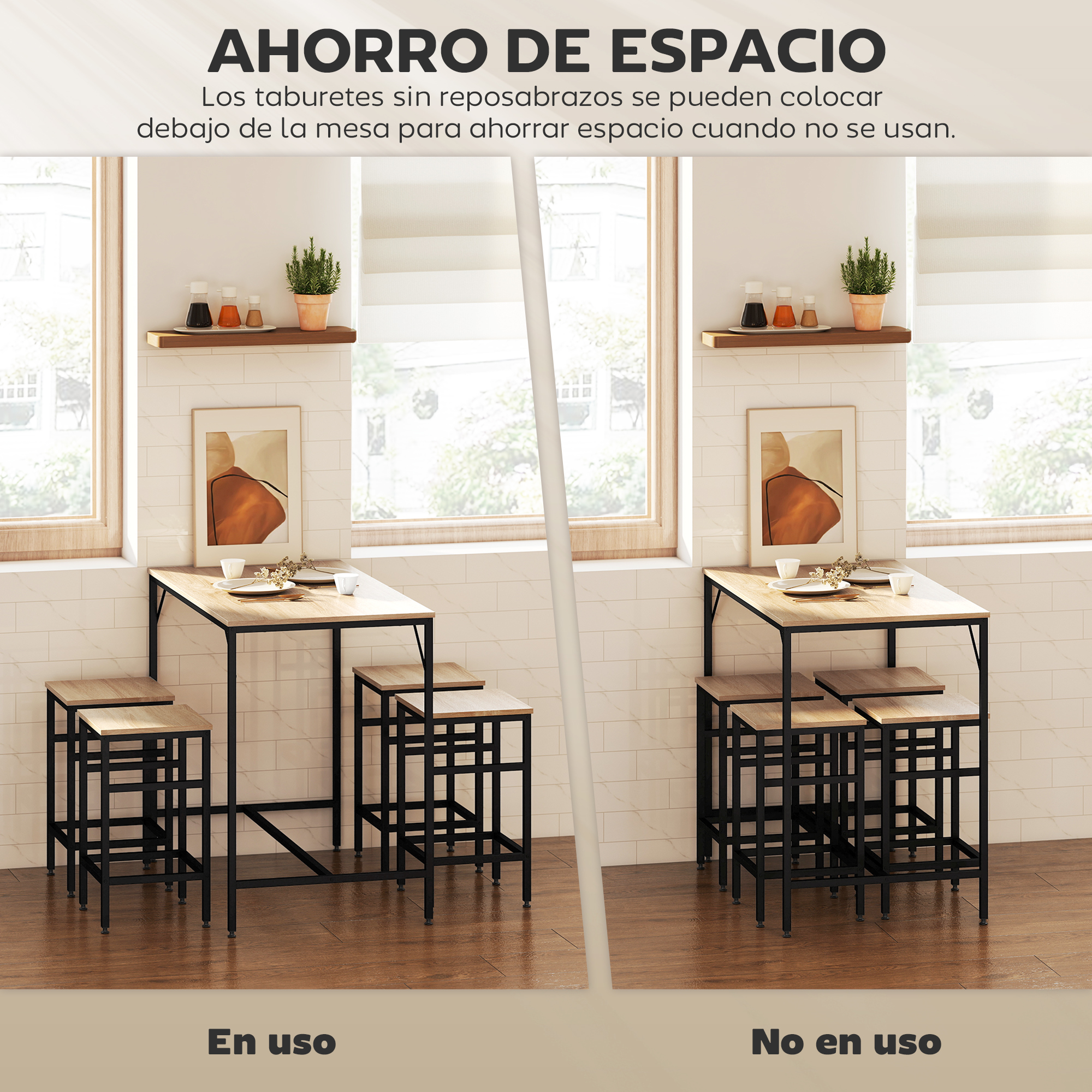 Una mesa de comedor con taburetes debajo y al lado una mesa con taburetes fuera.