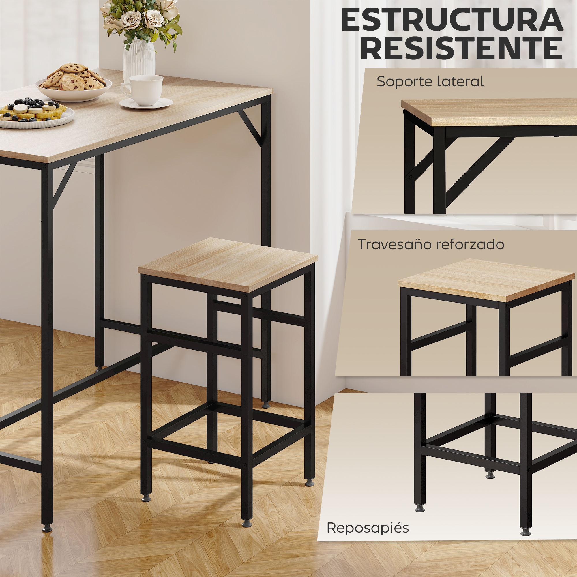 Una mesa de bar de madera clara con patas de metal negro y un taburete.