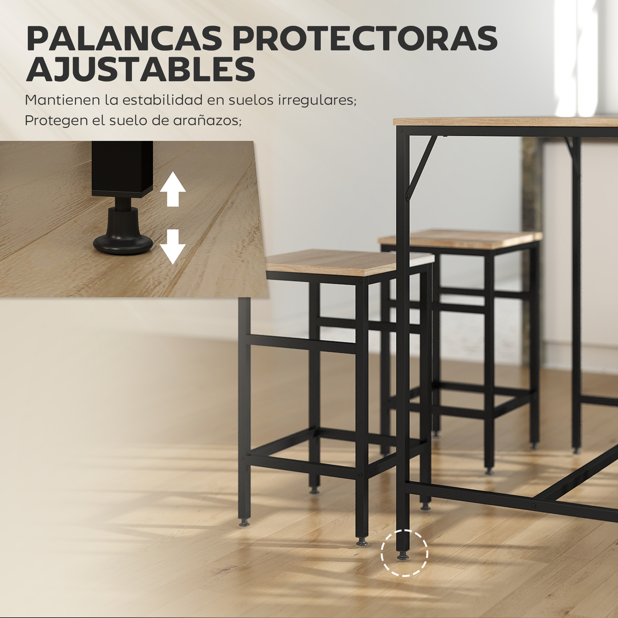 Pies protectores ajustables en una mesa con taburetes sobre suelo de madera.
