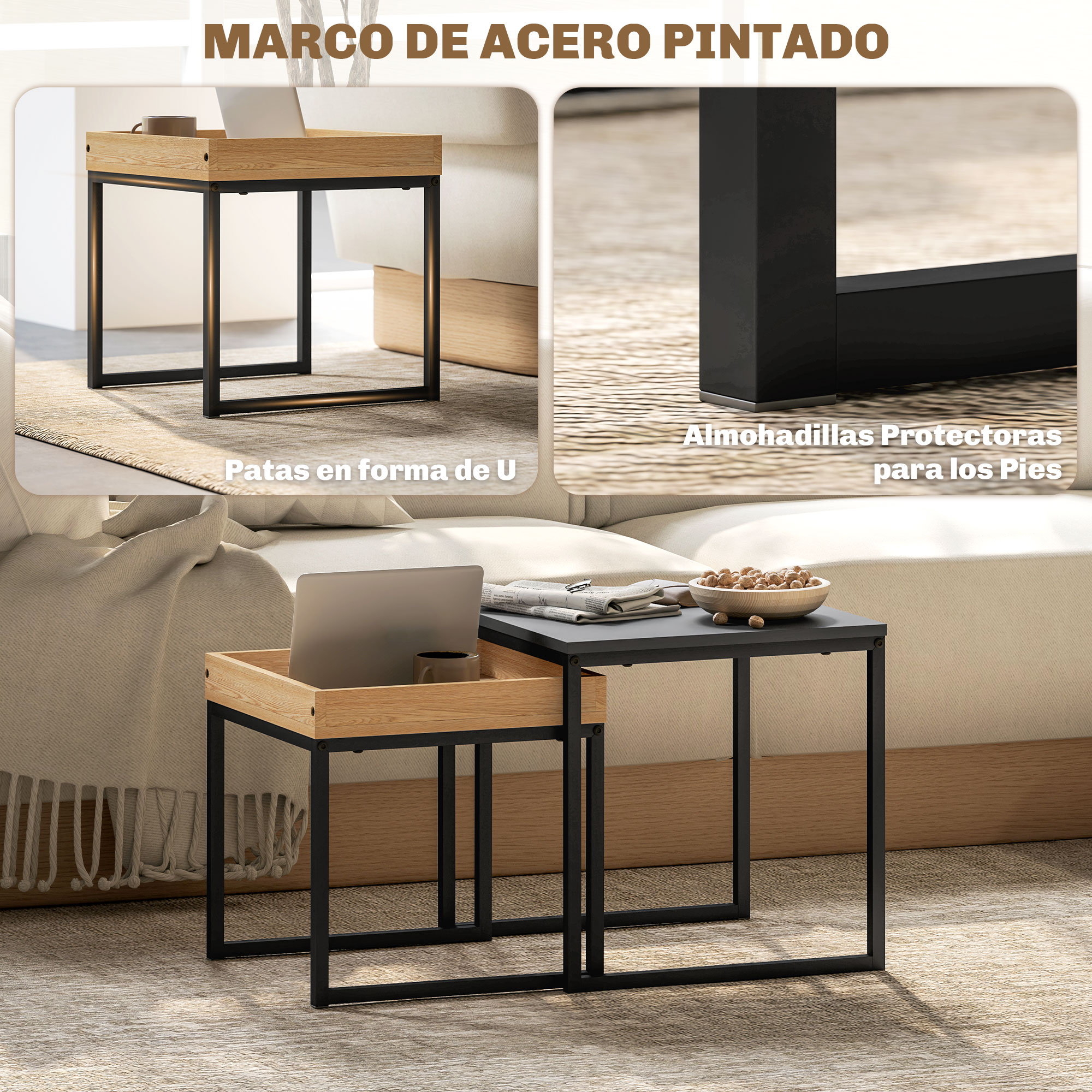 Dos mesas auxiliares con bandejas de madera y marcos de metal negro se alzan juntas.