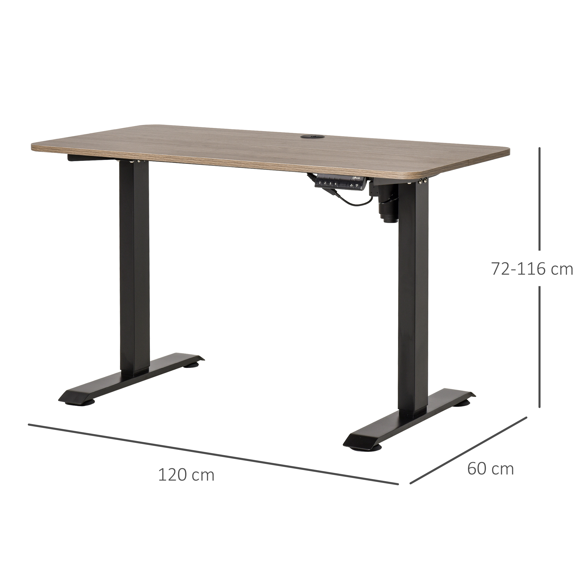 Un escritorio ajustable en altura con tablero de madera y patas negras.
