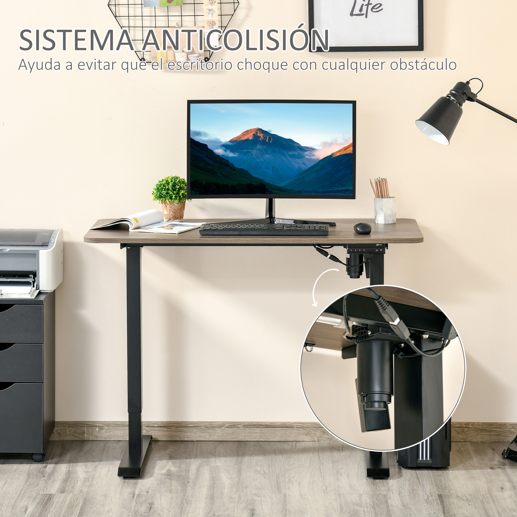 Un escritorio regulable en altura con monitor, teclado y impresora.