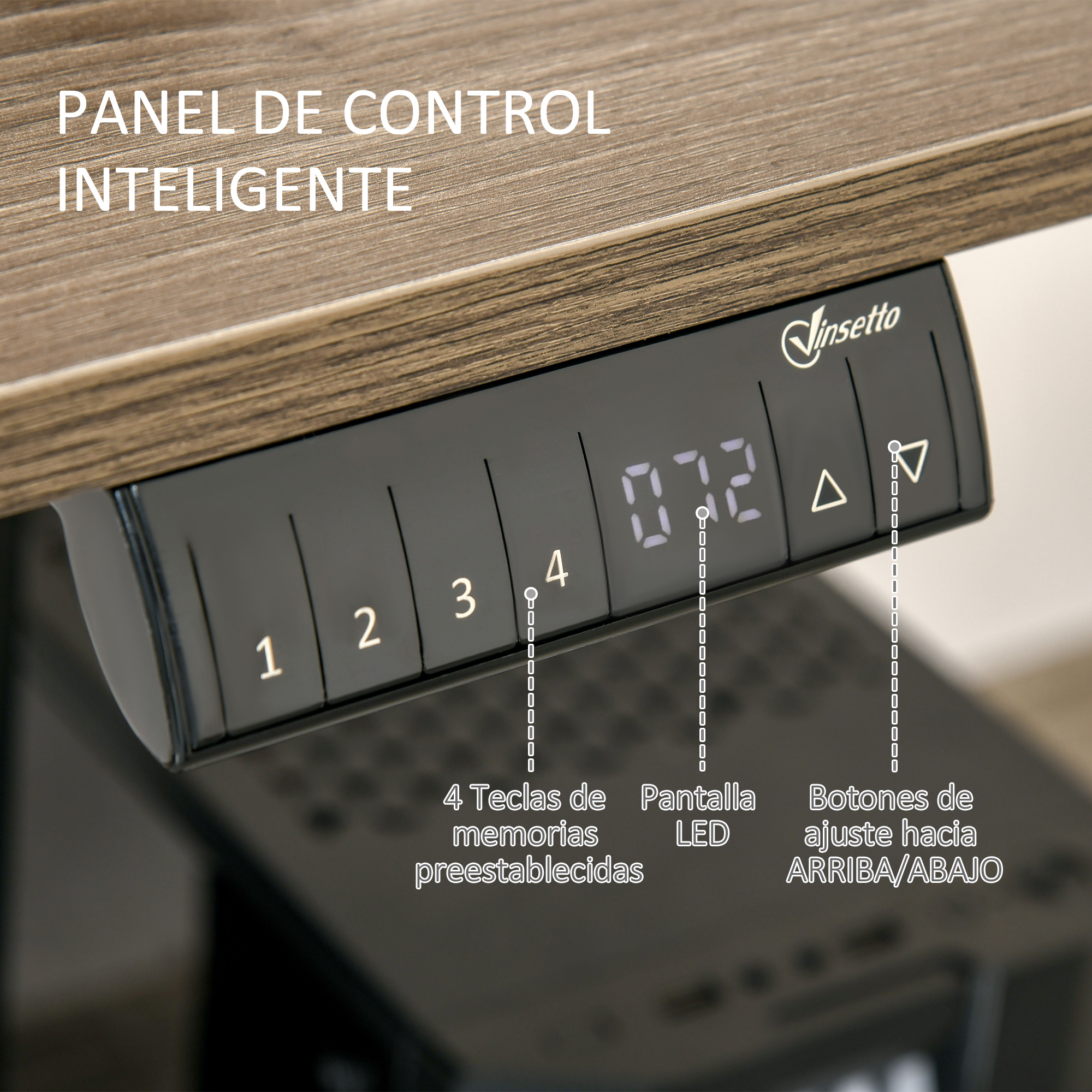 Panel de control inteligente con botones de memoria 1-4, pantalla LED y botones arriba/abajo.