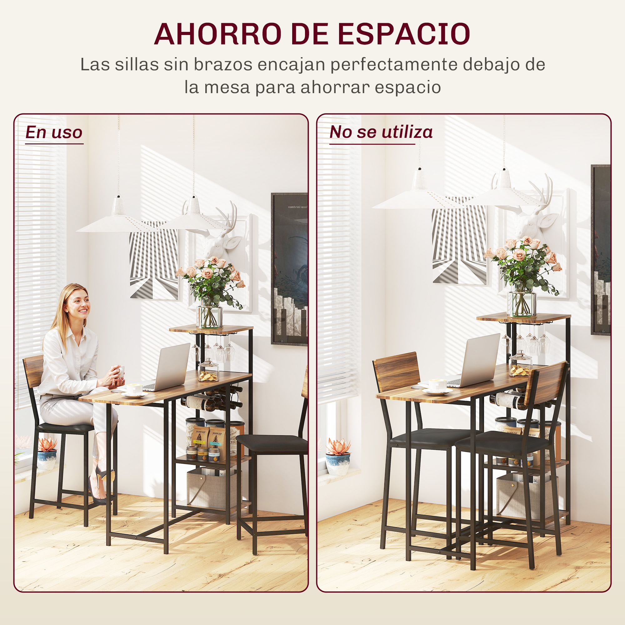 Dos escenas de un comedor: izquierda con mujer, derecha vacío. Ahorra espacio.