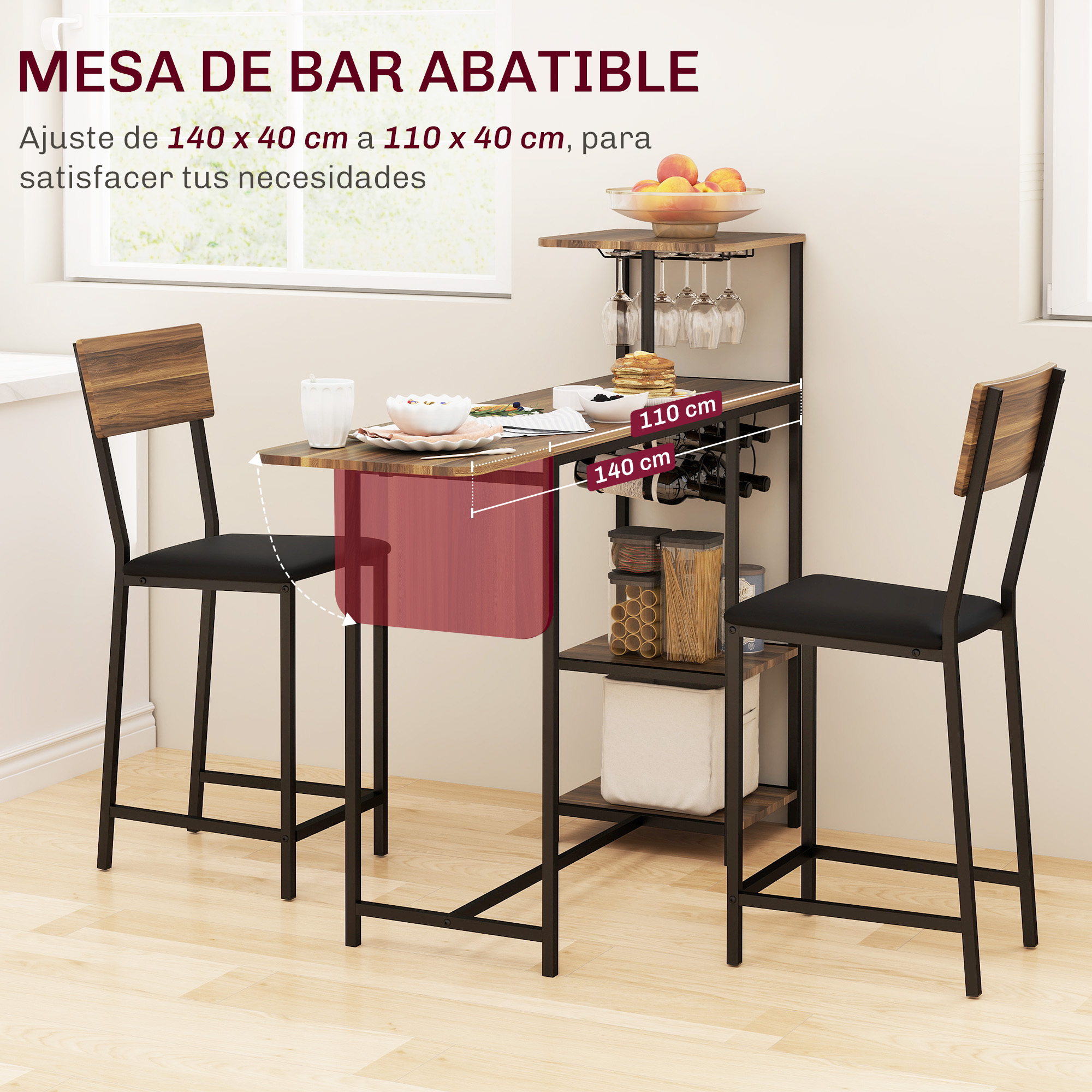 Mesa de bar abatible con dos taburetes, frutero, copas y botellas.