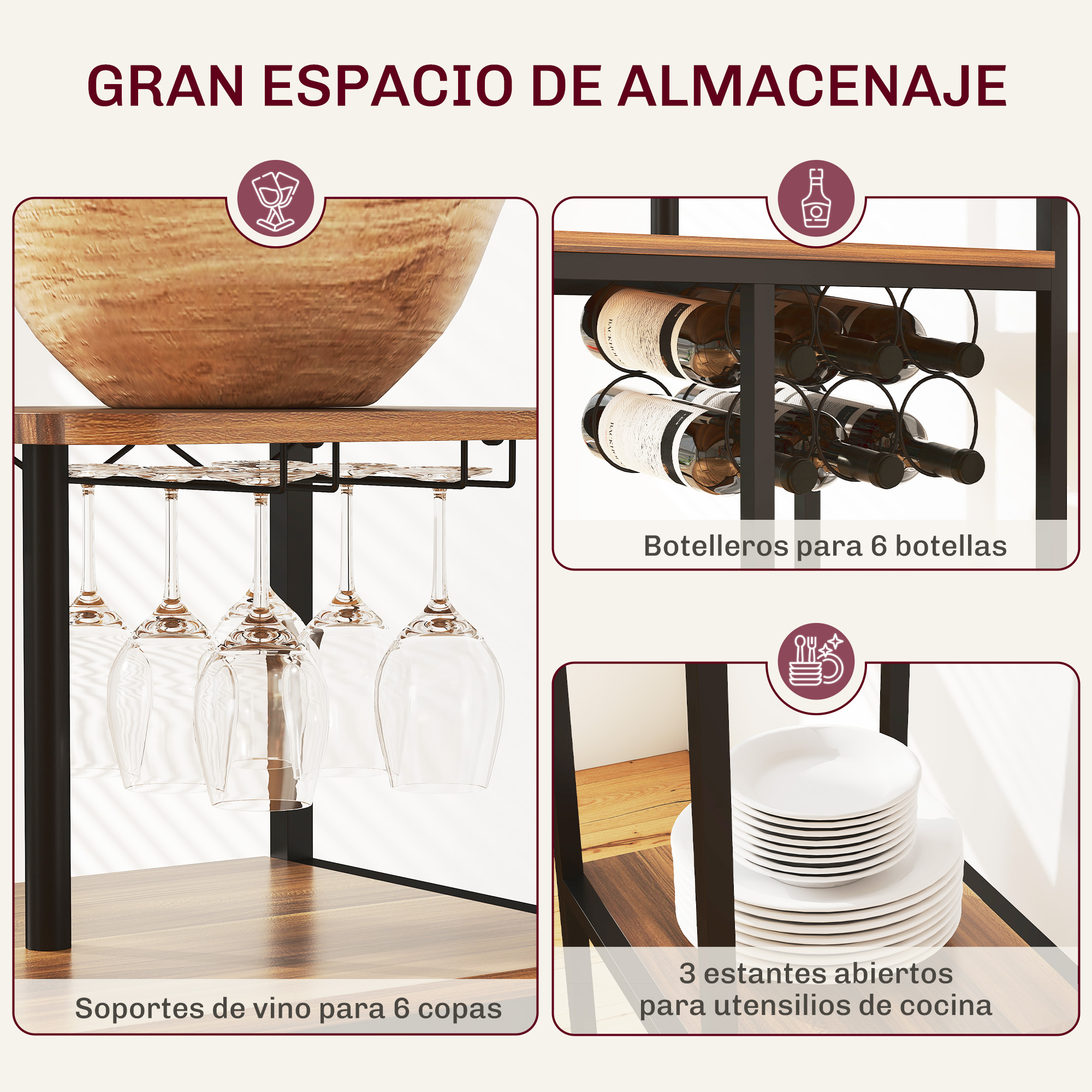 Un estante con botellero, portavasos y platos. Gran espacio de almacenamiento.