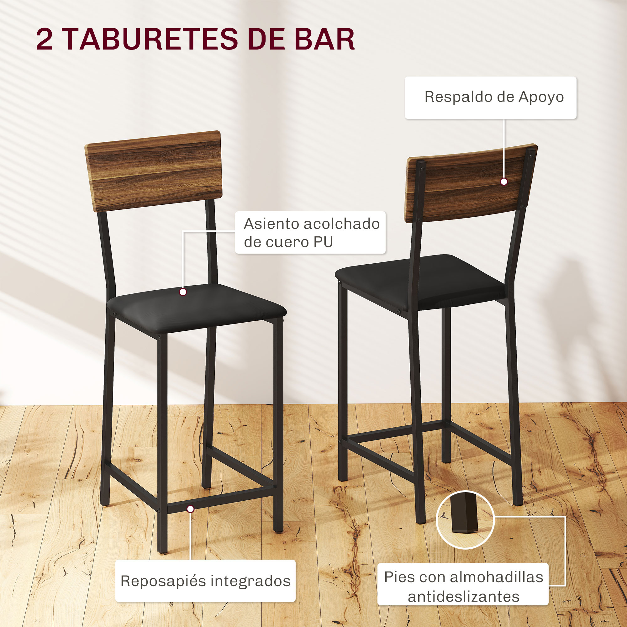 Dos taburetes de bar con respaldo de madera y asiento de PU negro.