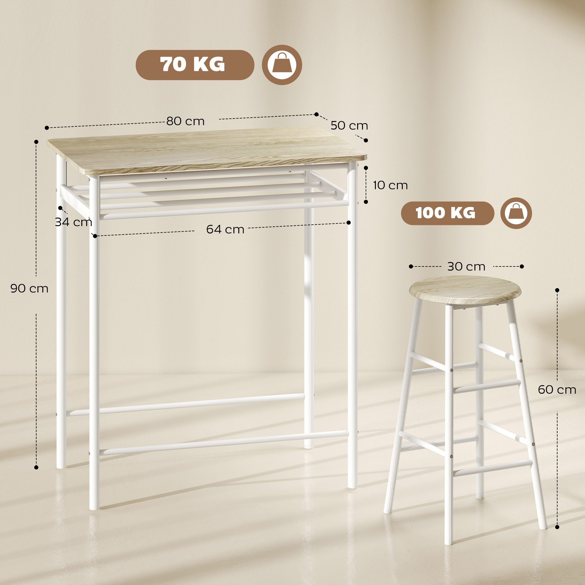 Una mesa alta de madera clara (80x50x90cm) con marco blanco y un taburete a juego (30cm).
