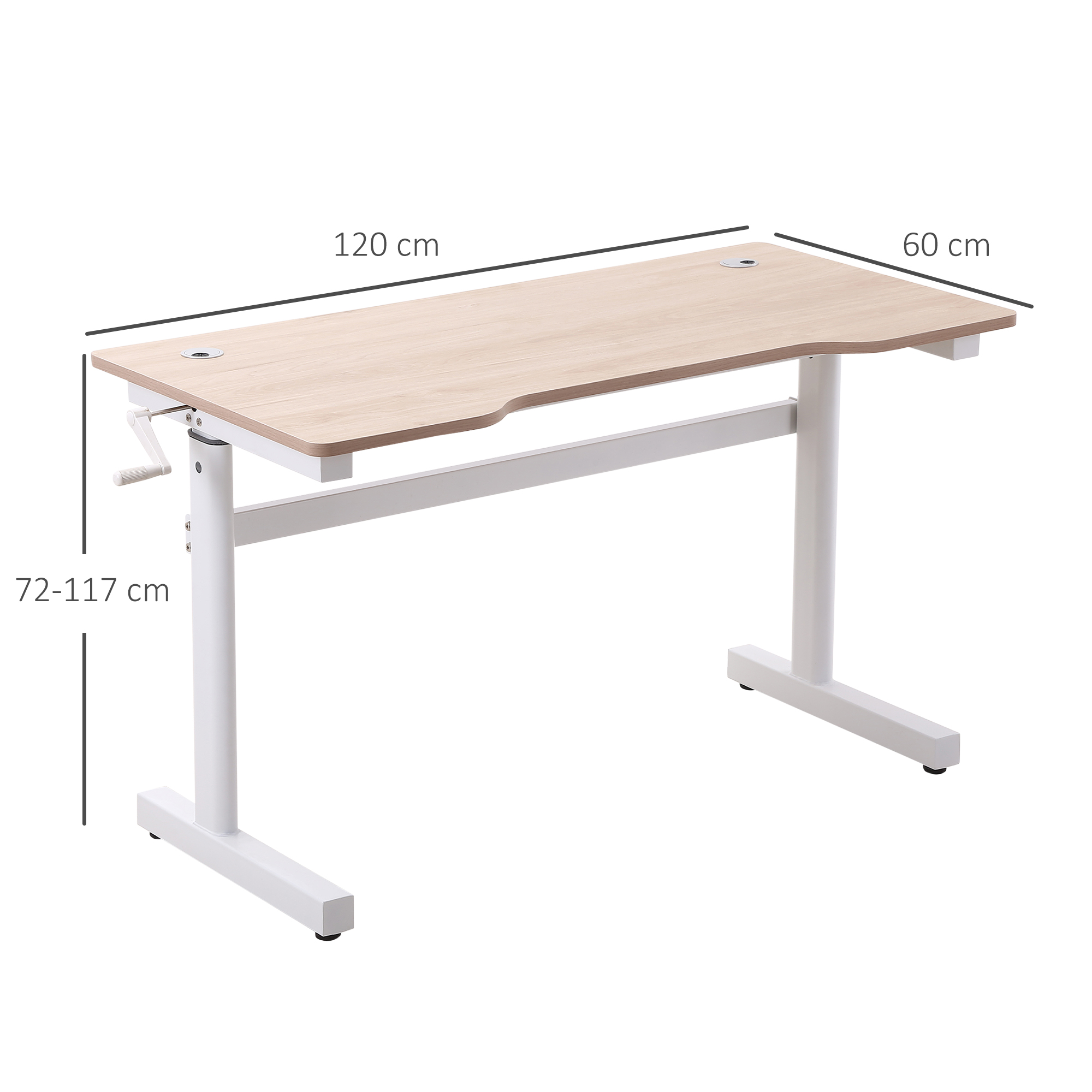 Un escritorio regulable en altura con tablero de madera clara y patas blancas.