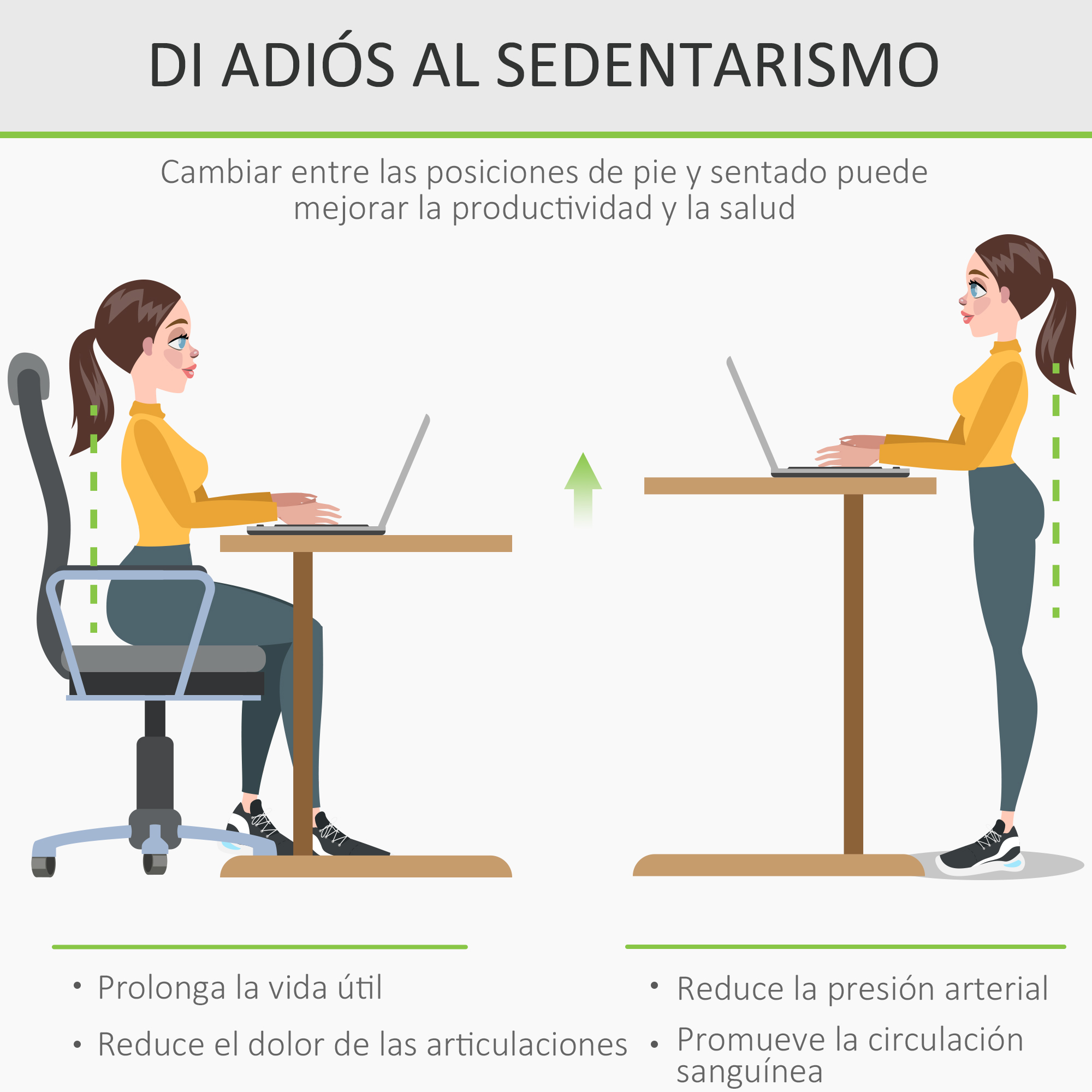 Mujer sentada y de pie en un escritorio para mejorar la salud.