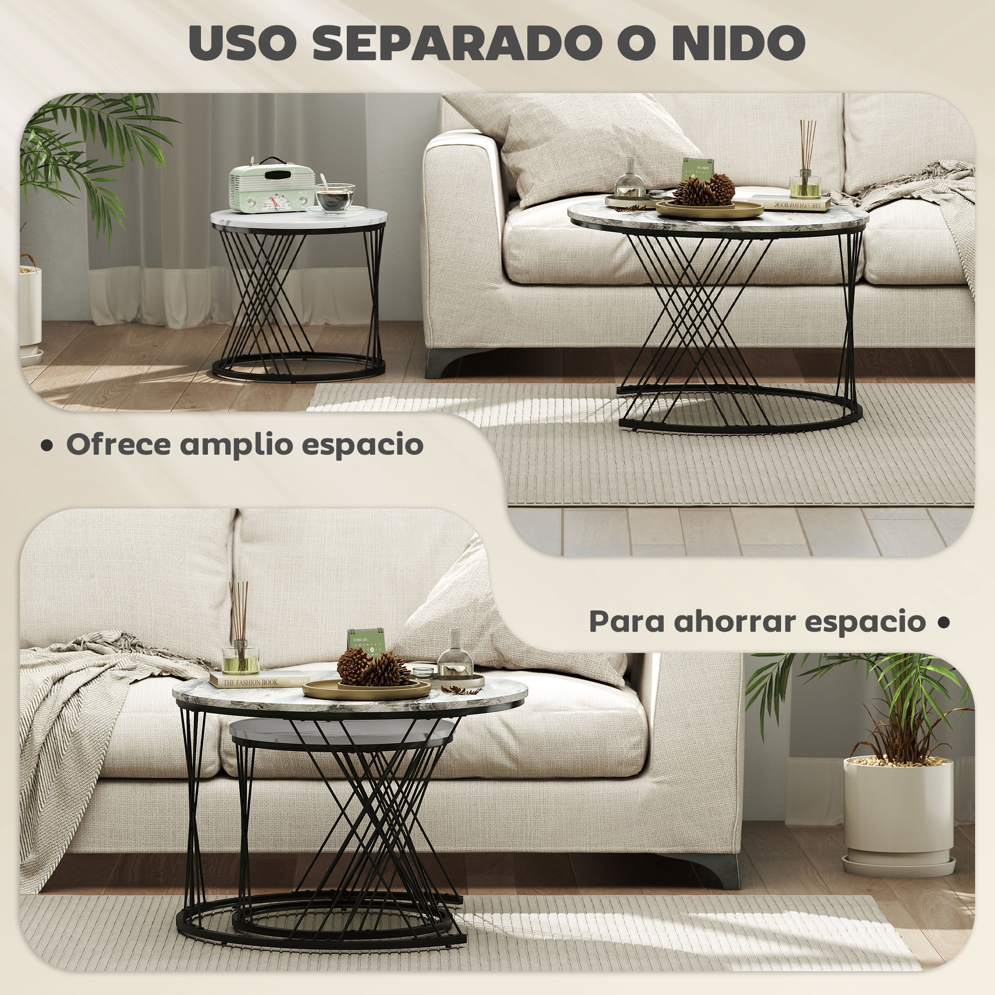 Dos mesas auxiliares con tapa de mármol y base de alambre negro junto a un sofá.