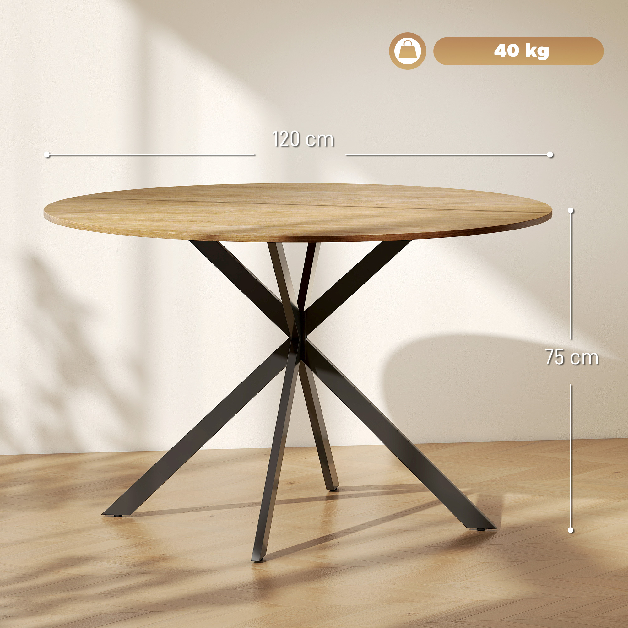 Tavolo rotondo in legno con base a stella nera. 120cm L, 75cm H, portata 40kg.