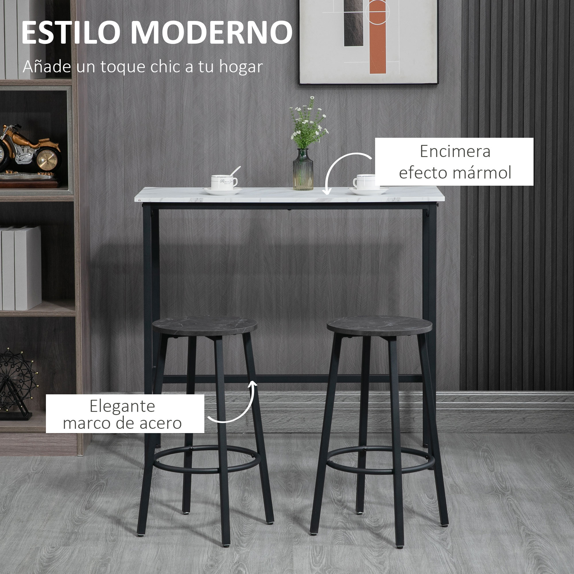 Mesa moderna efecto mármol con dos taburetes de acero.