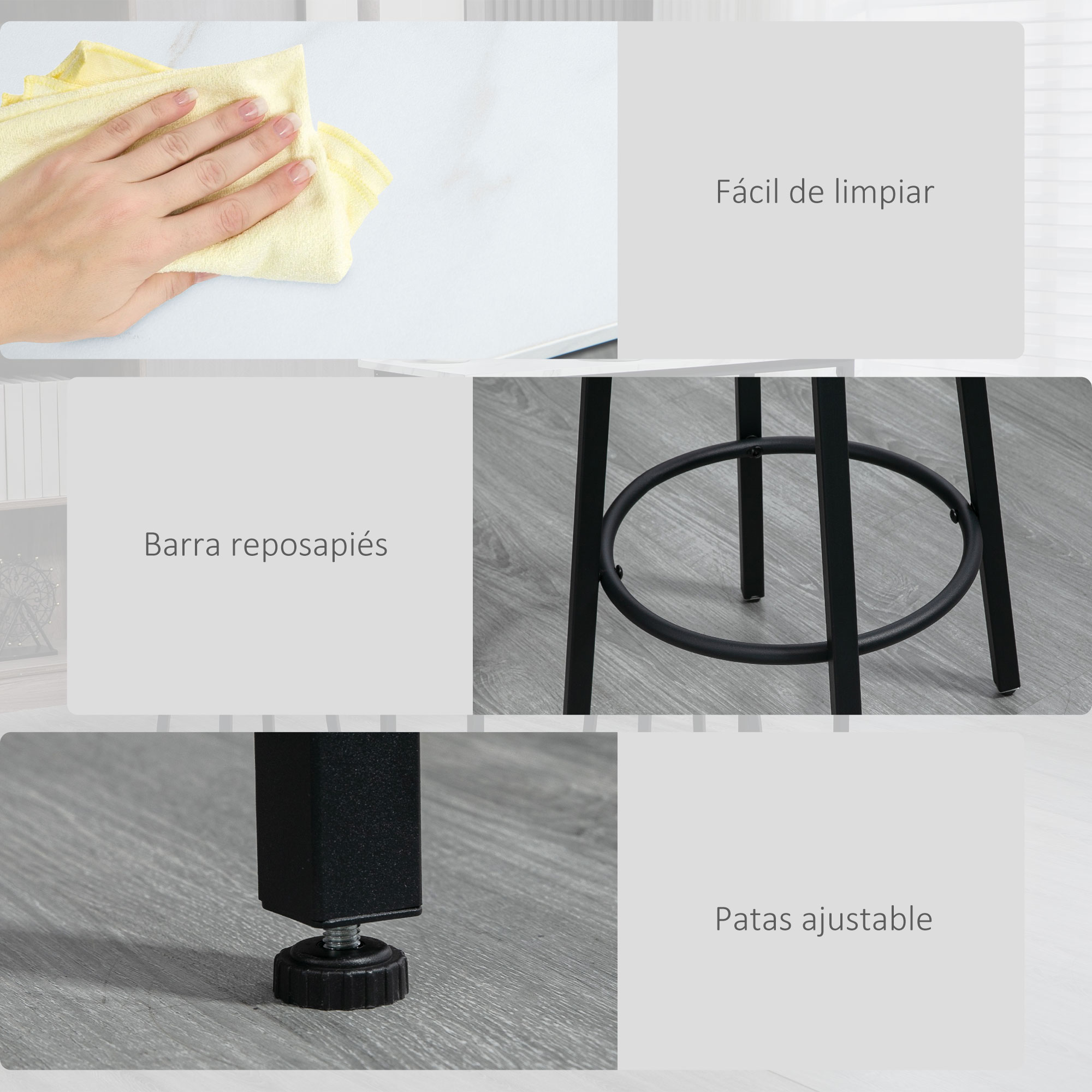 Mano limpia superficie blanca con paño amarillo. Estructura de taburete con reposapiés.