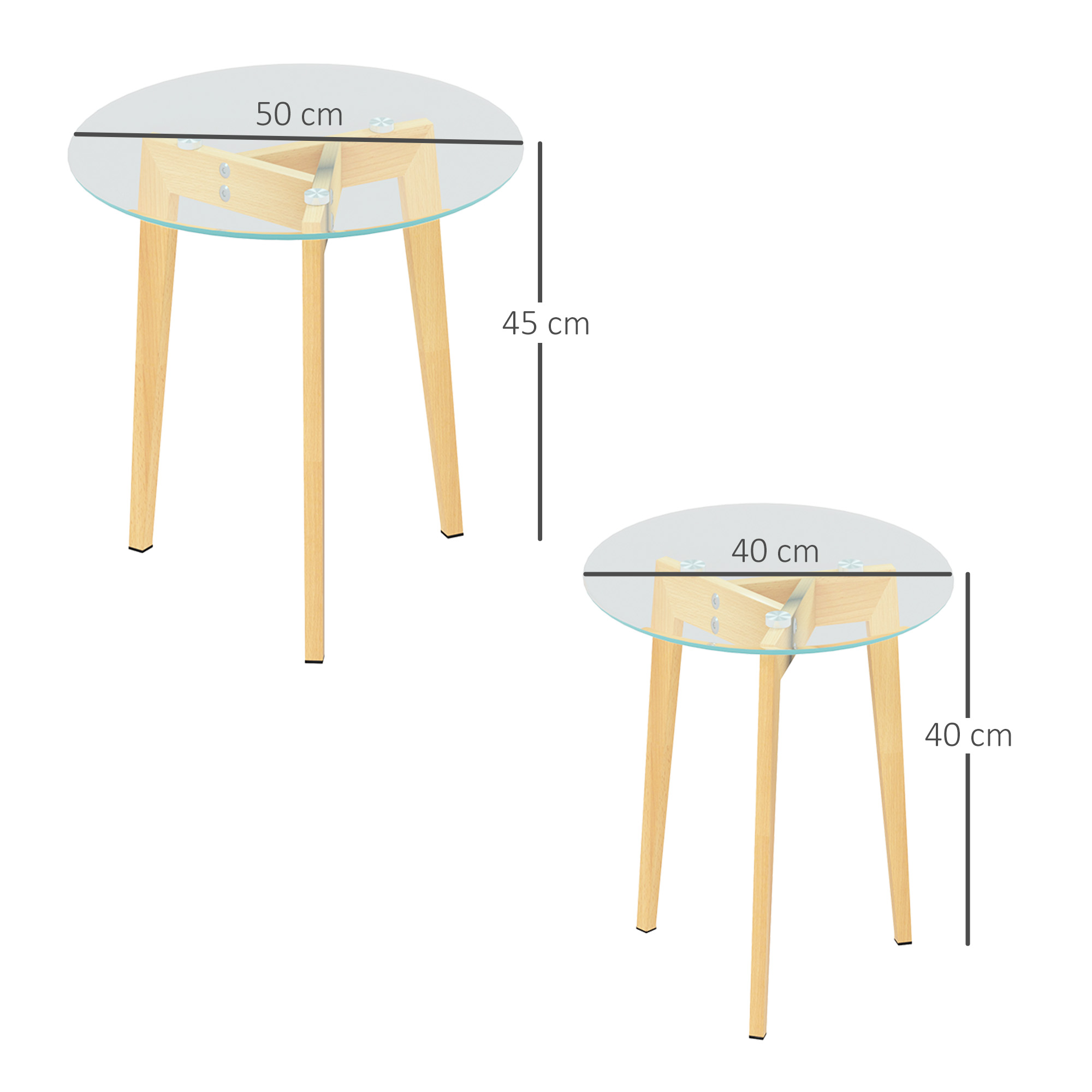 Dos mesas redondas con tapa de cristal y patas de madera. Una mide 50cm y 45cm.