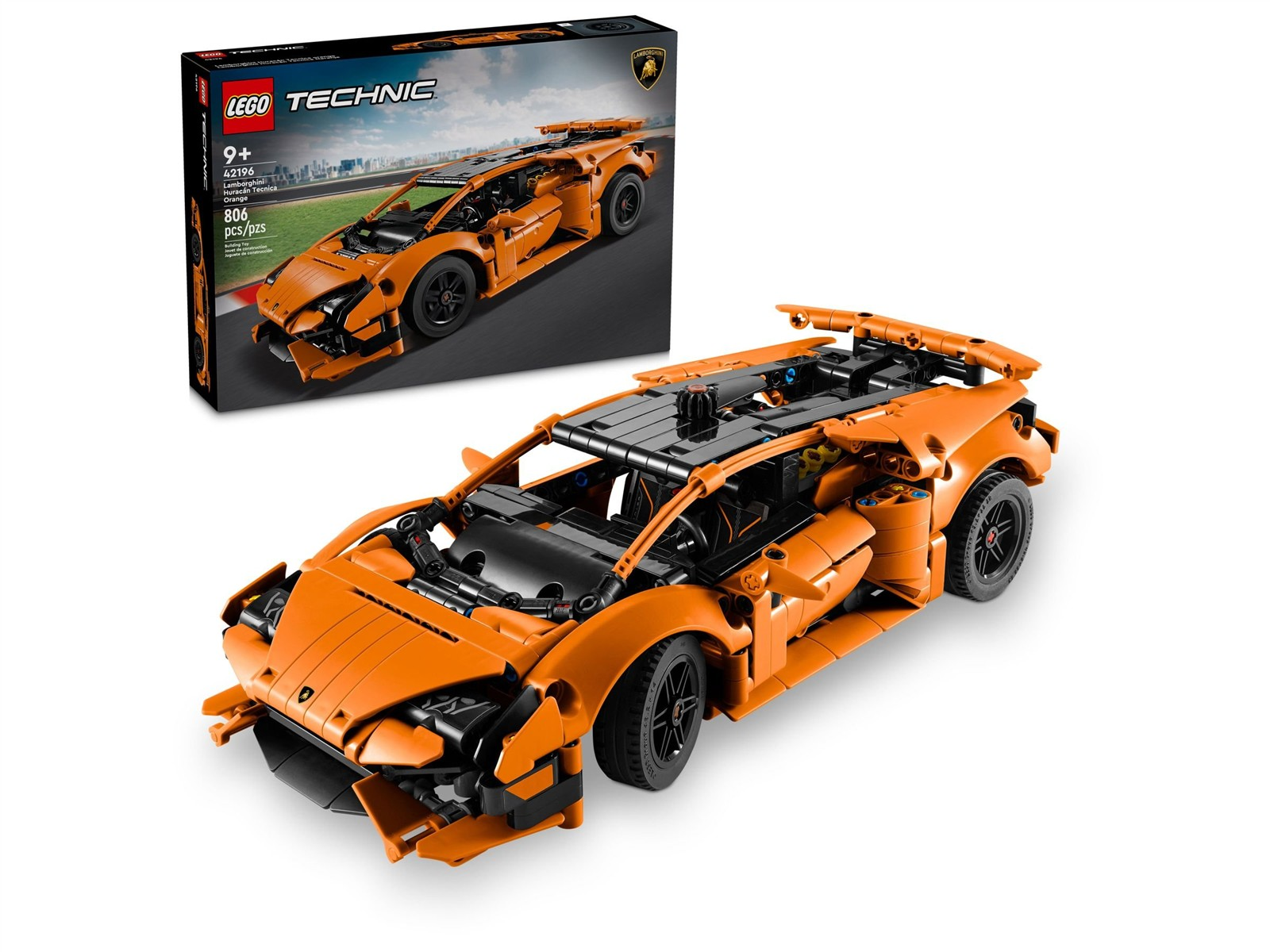 Orange Lego Technic Lamborghini mit Box. Detaillierte Nachbildung eines Sportwagens.