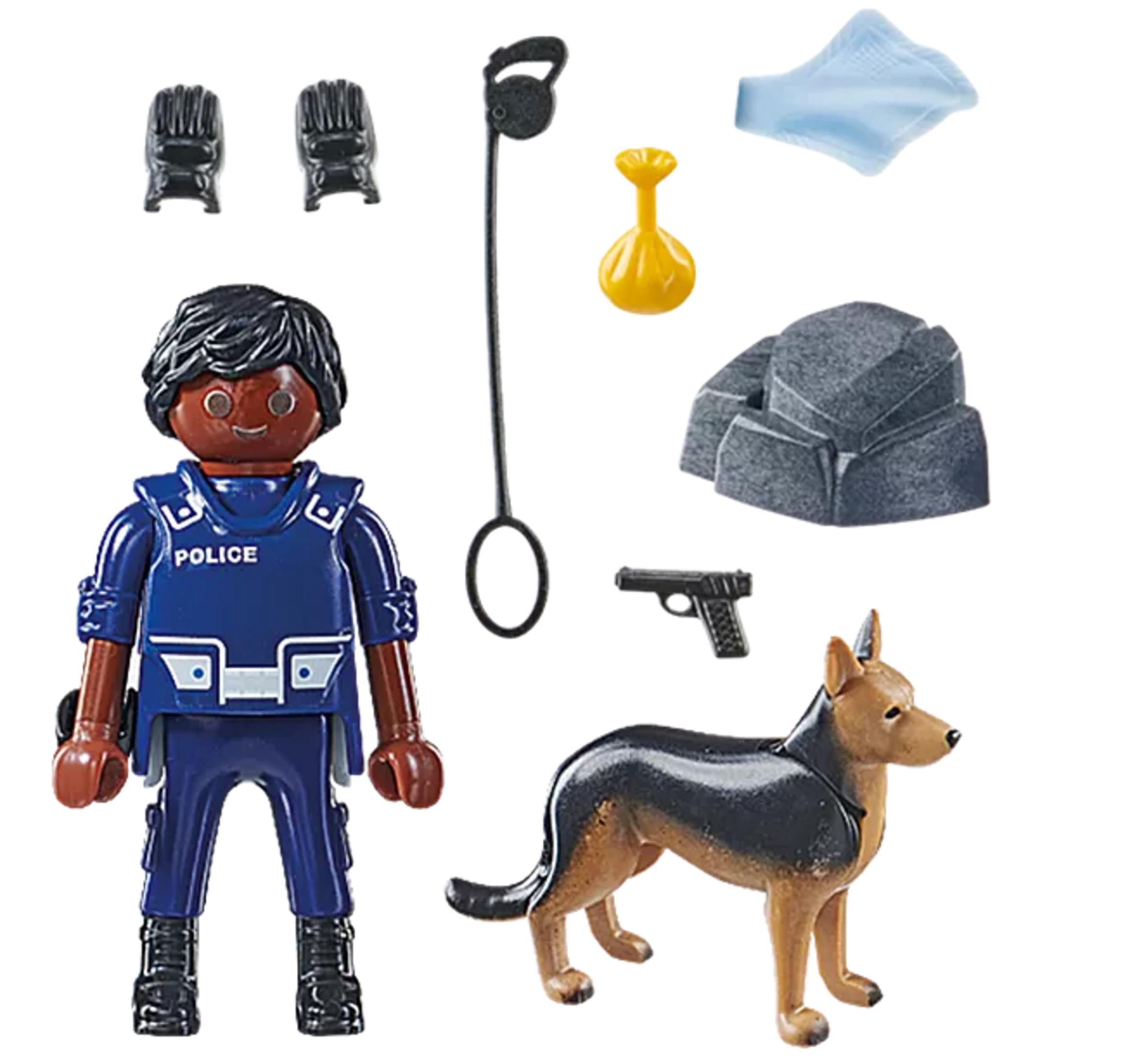 Polizeifigur mit Hund, Handschuhen, Waffe, Tasche, Steinen und Tuch.
