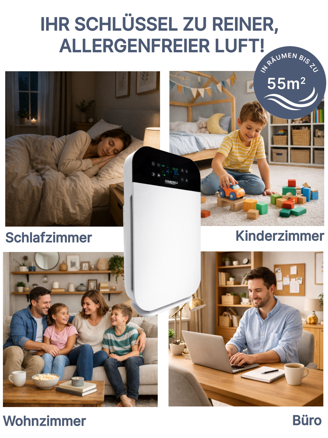 Luftreiniger in Schlaf-, Kinder-, Wohnzimmern und Büro.