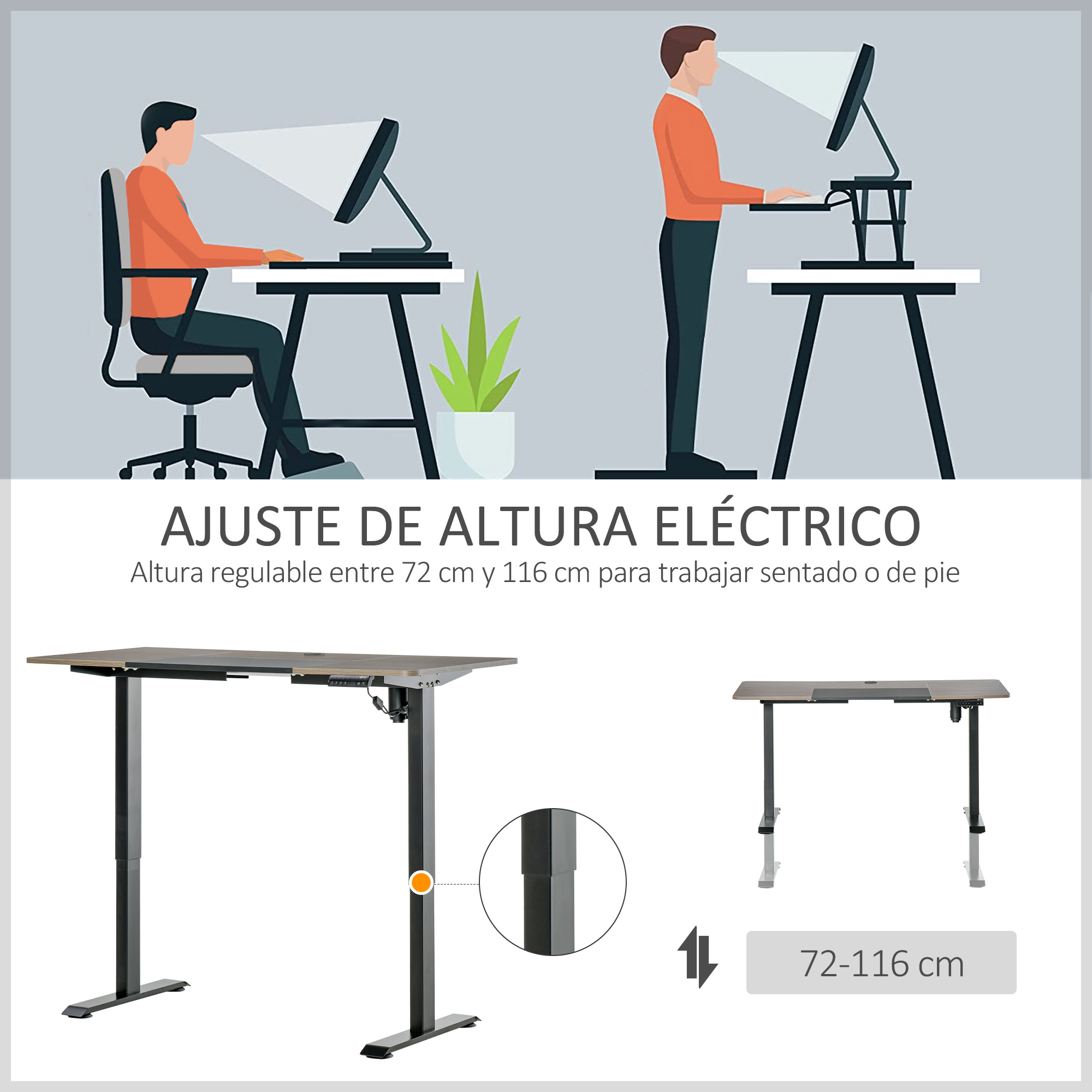 Ilustraciones de un hombre trabajando en un escritorio, sentado y de pie. Escritorio regulable en altura.
