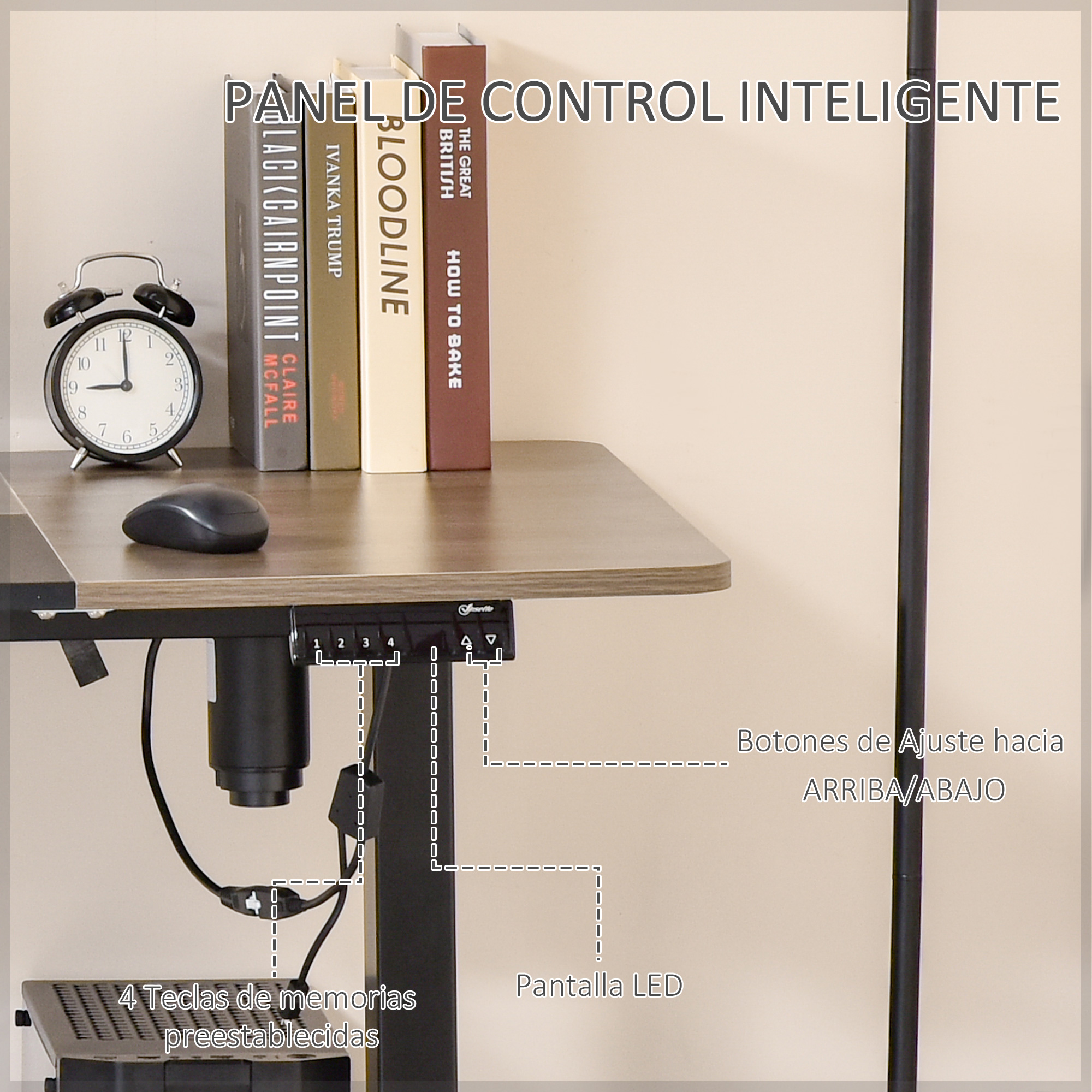 Un escritorio con reloj, ratón, libros y panel de control.