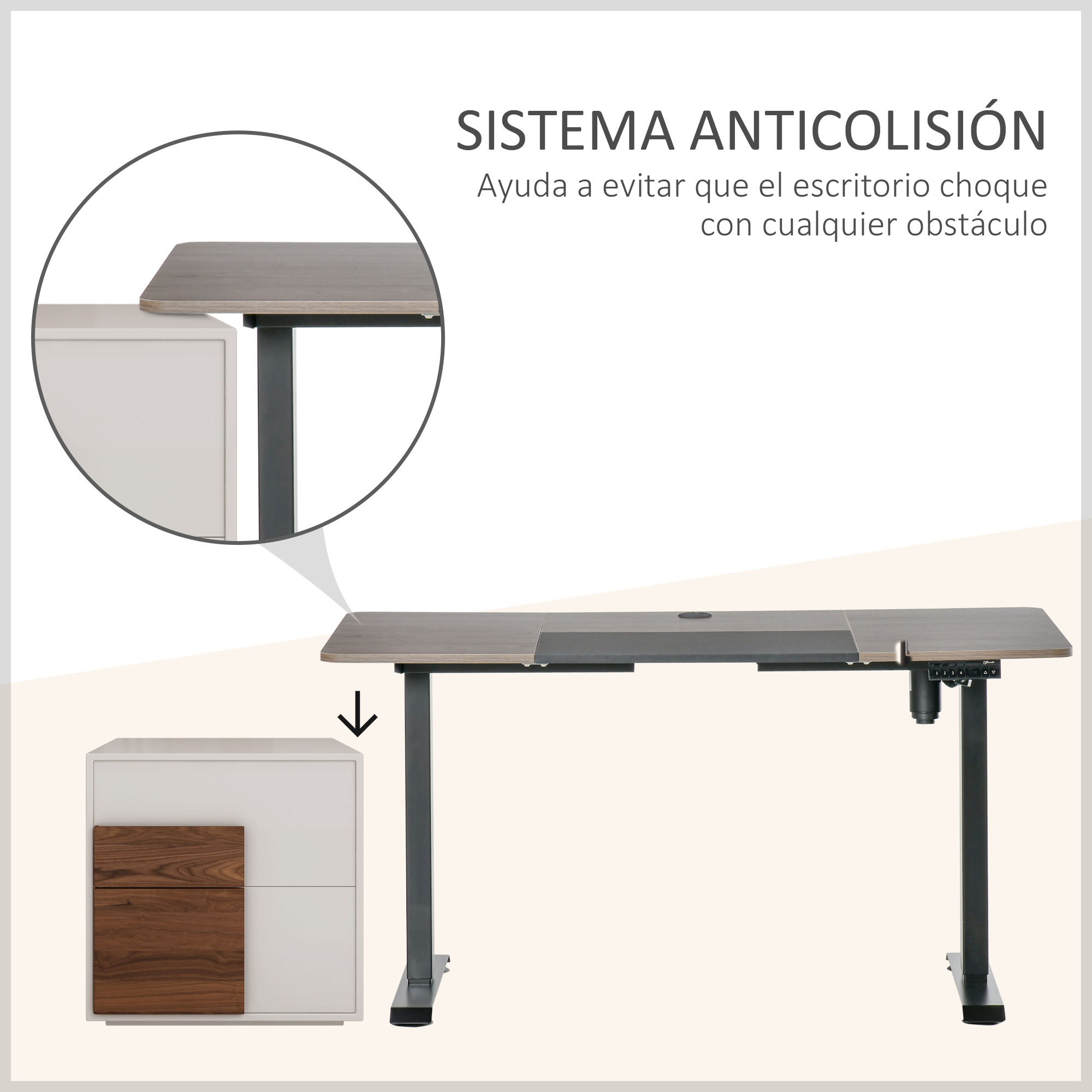 Un escritorio ajustable en altura con cajones y sistema anticolisión.
