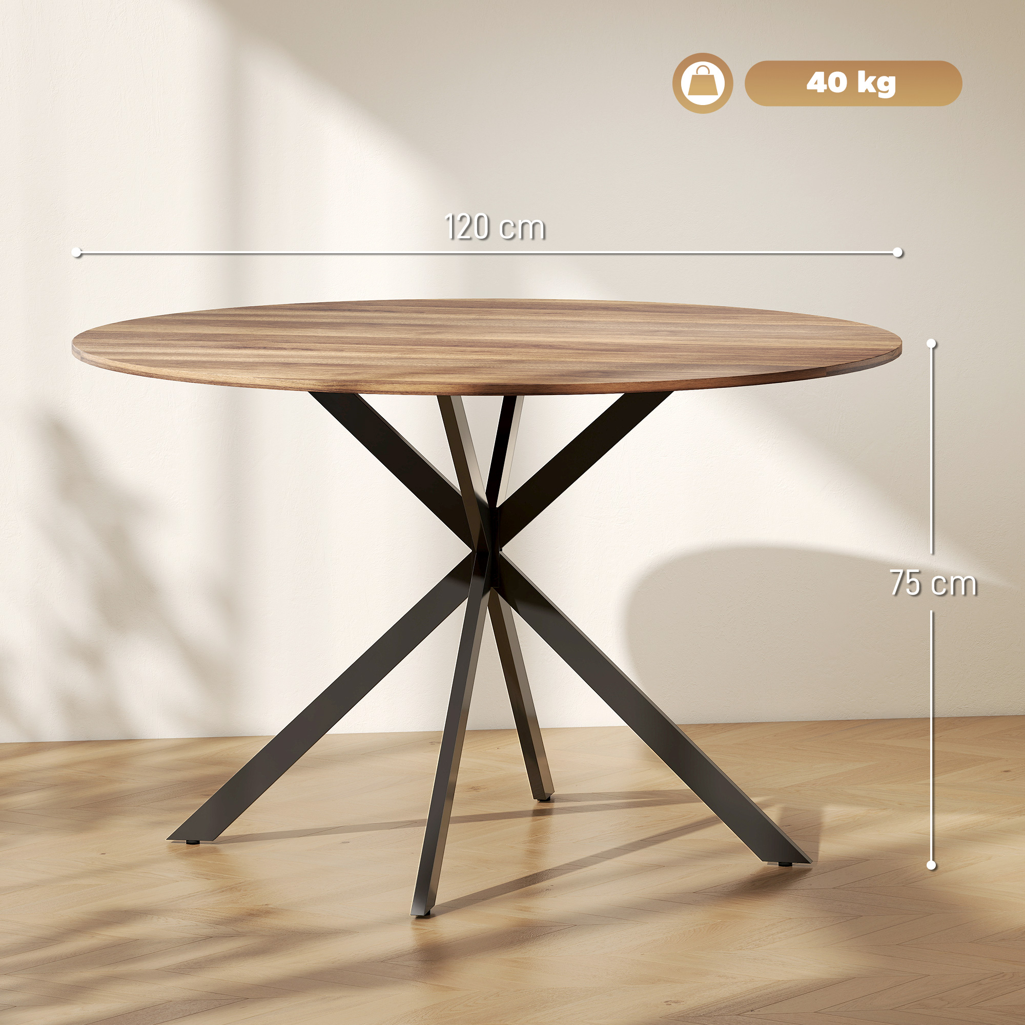 Mesa redonda de madera con base de metal negro, 120 cm de ancho, 75 cm de alto.