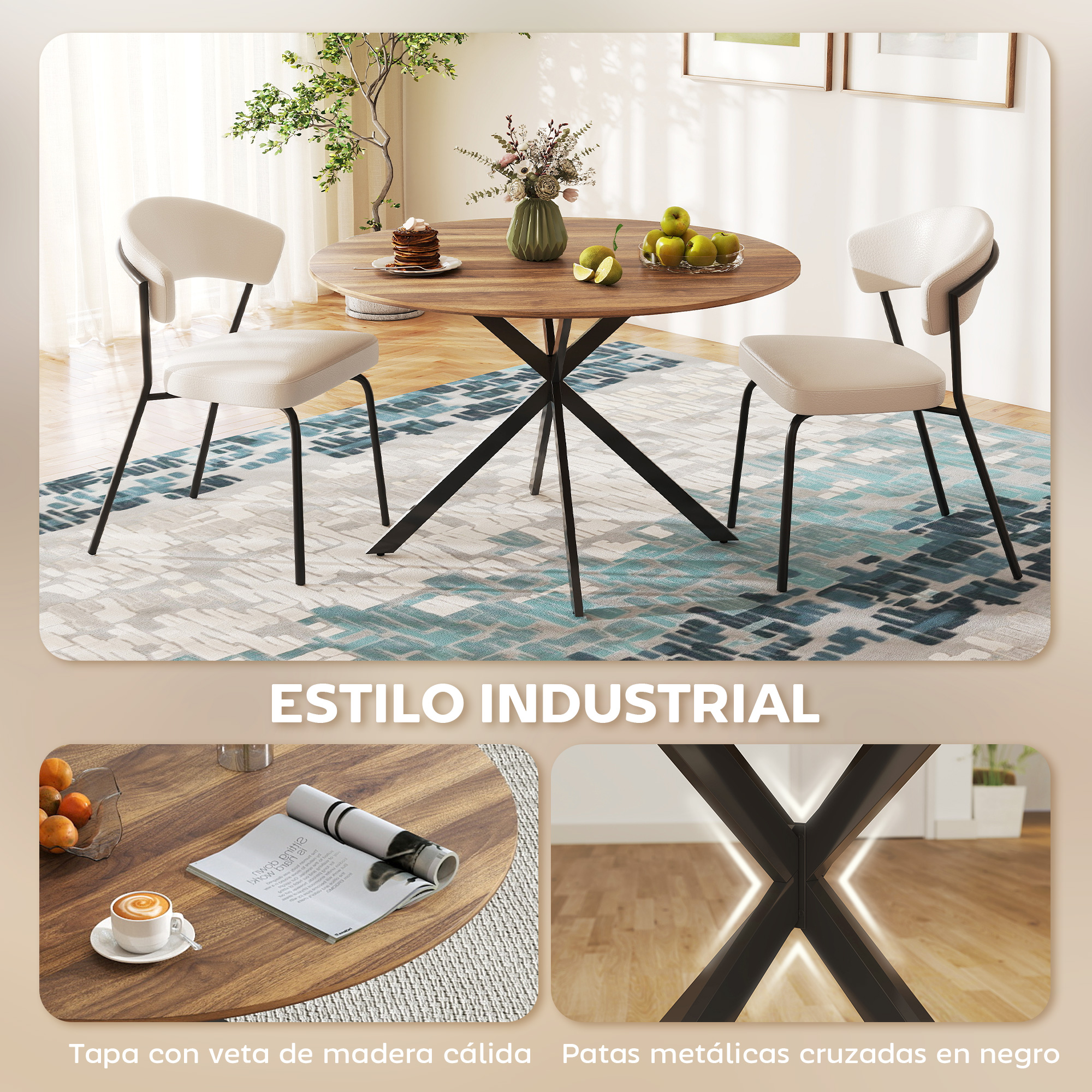 Una mesa redonda de madera con dos sillas, decorada con fruta y flores.
