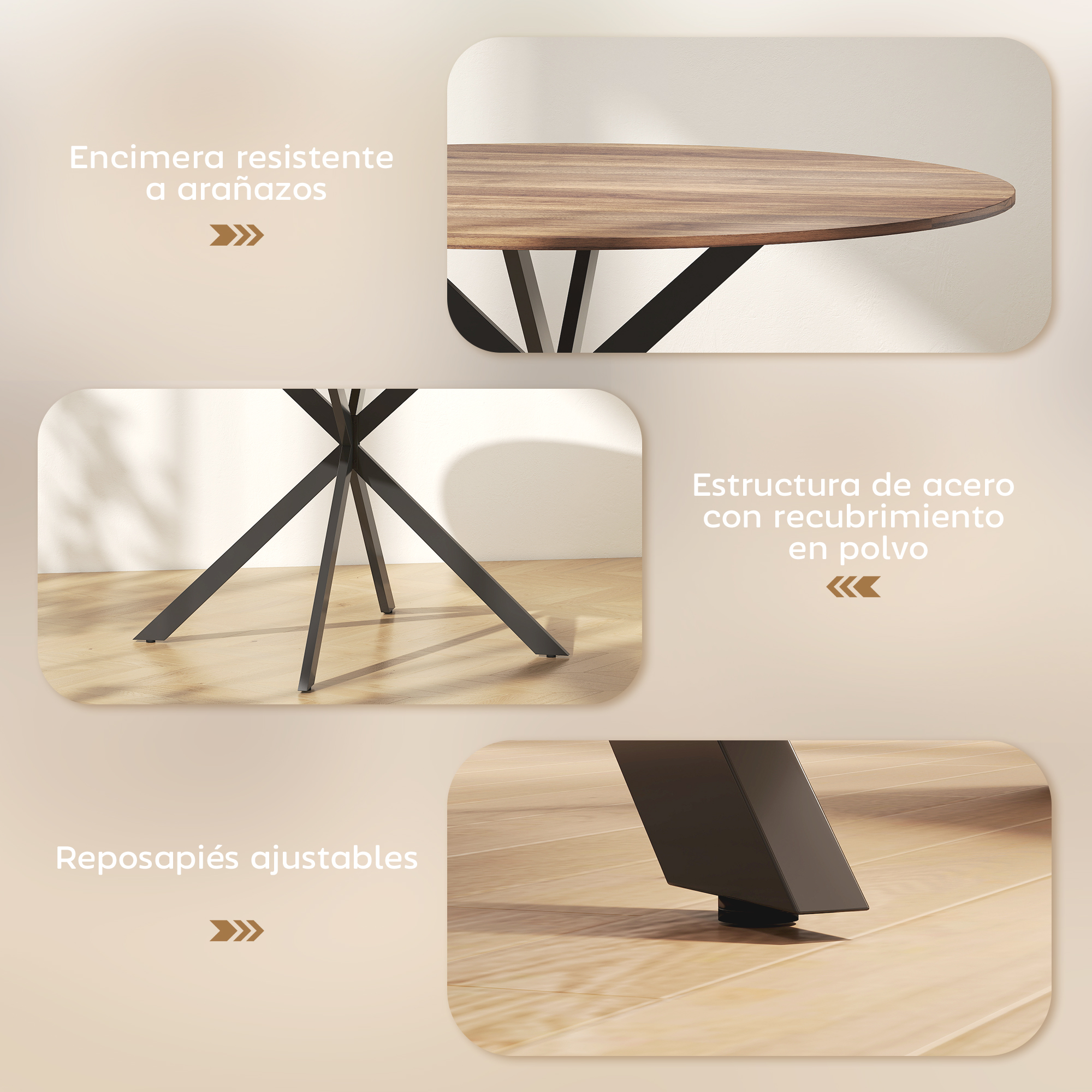 Tablero de madera con patas de metal, primeros planos de patas y tablero.