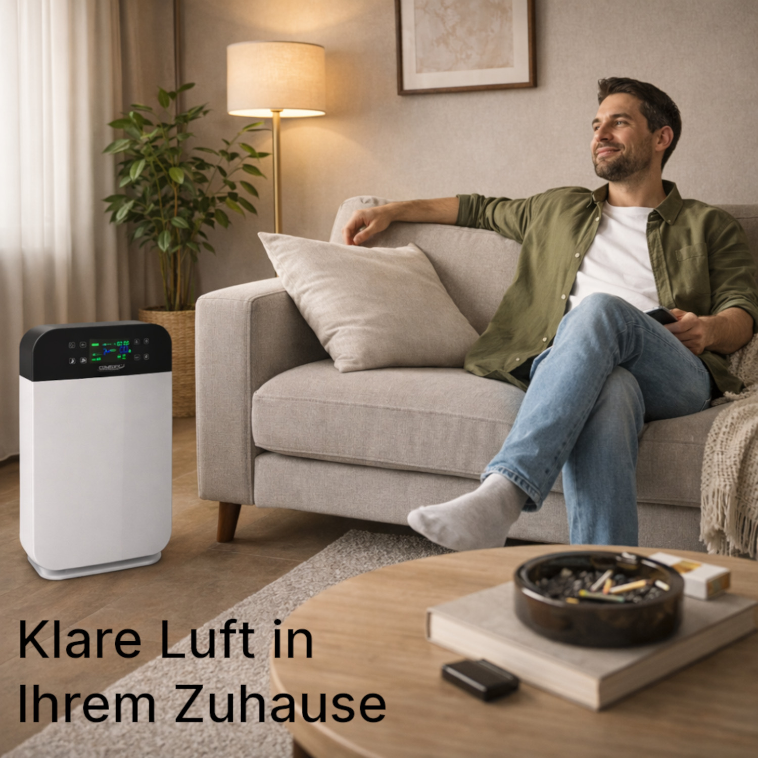 Ein Mann sitzt auf einem Sofa neben einem Luftreiniger.