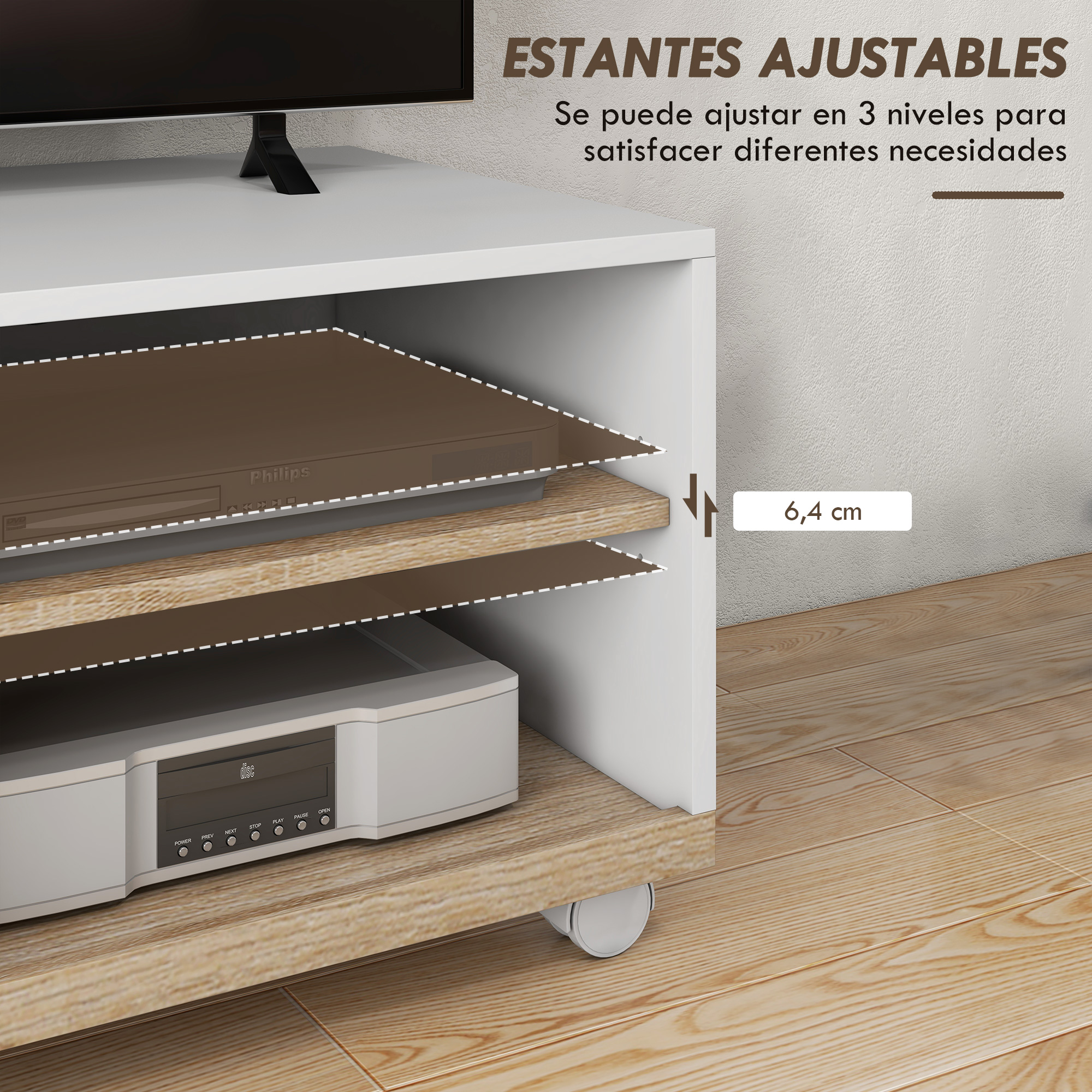 Un mueble de TV blanco con estantes de madera que sostienen un reproductor de DVD y consola.