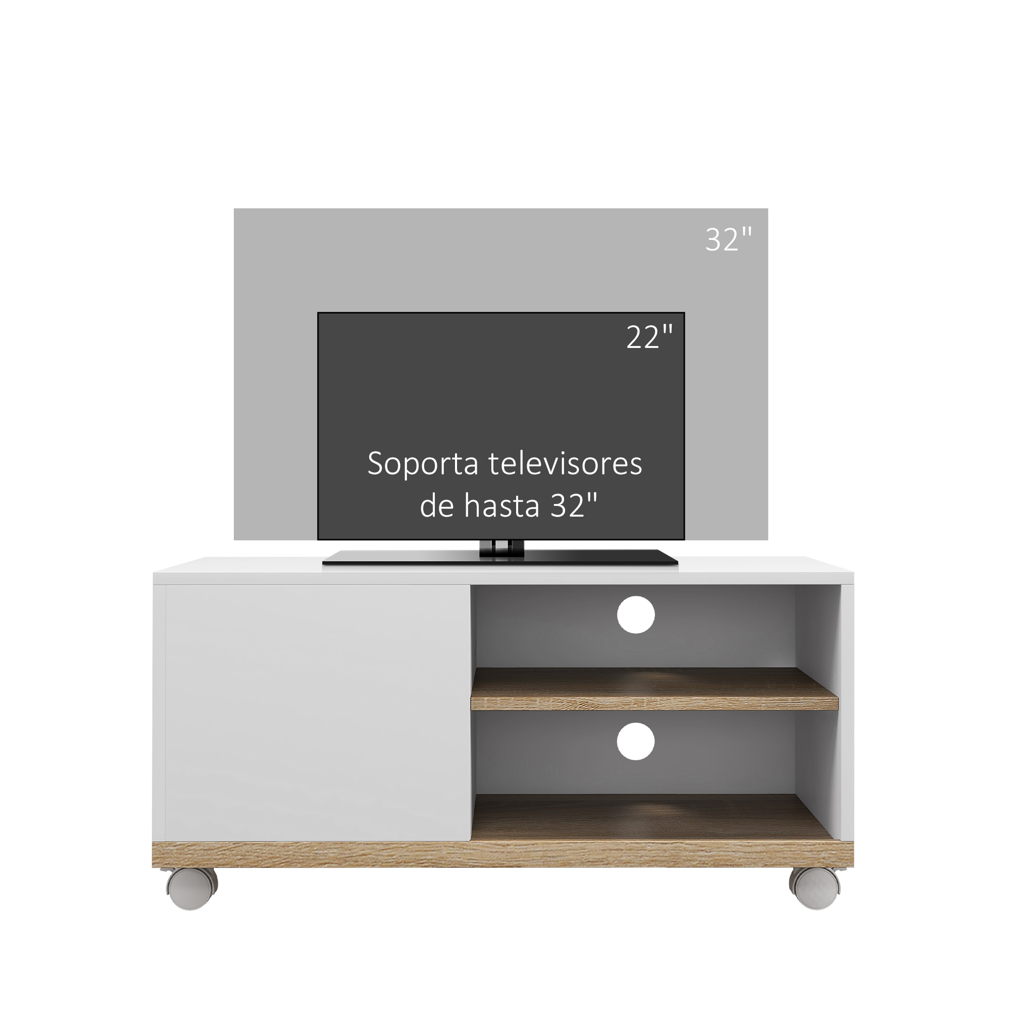 Un mueble de TV blanco con detalles de madera y ruedas. Una pantalla está colocada encima.